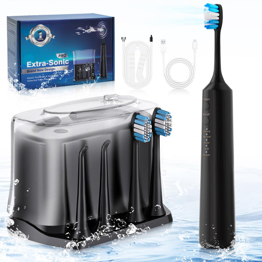 2-1 Professional Electric Toothbrush with Water Flosser, 3800VPM Ultrasonic Water Dental Flosser Toothbrush Combo- 4 Modes & 4 Intensity Levels, Brushing & Flossing for Home and Travel, Black