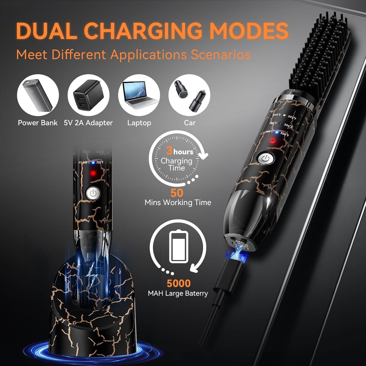 Beard Straightening Heat Brush for Men Cordless Beard and Hair Straightener Hot Comb with 3 Temp Settings, Mini and Anti-Scald丨Auto Shut Off for Home Travel, Gifts for Men