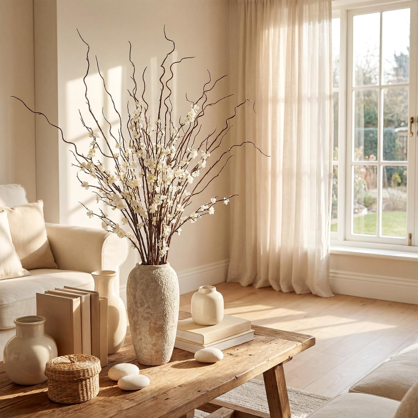 Daifunli 8 Pcs 38 Inch Artificial Flowers Cherry Blossom 45 Inch Curly Willow Branches for Spring Summer Indoor Decoration Faux Long Stem Silk Plum Blossom for Wedding Home Office Hotel Vase Decor