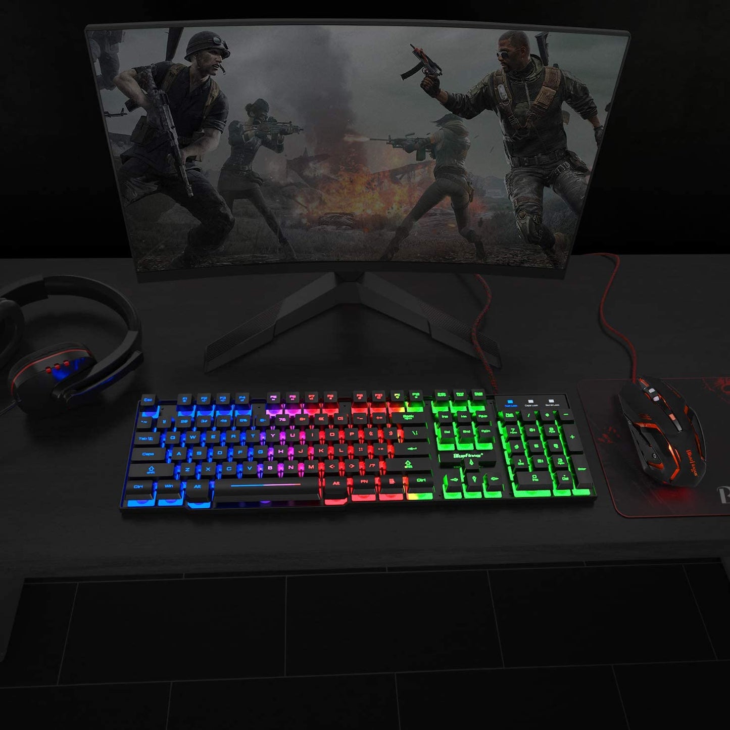 BlueFinger RGB Gaming Keyboard and Backlit Mouse and Headset Combo,USB Wired Backlit Keyboard,LED Gaming Keyboard Mouse Set,Headset with Microphone for Laptop PC Computer Game and Work