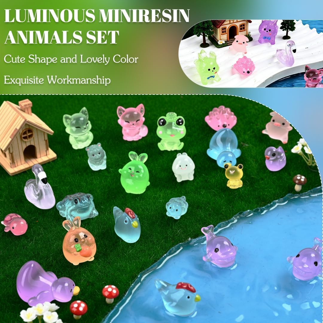 Prdingfy 200PCS Glow in The Dark Mini Resin Animals Bulk Variety Pack - 200 Styles Tiny Miniature Figures for Fairy Garden, Dollhouse, Aquarium Decor, Hide and Seek, Crafts