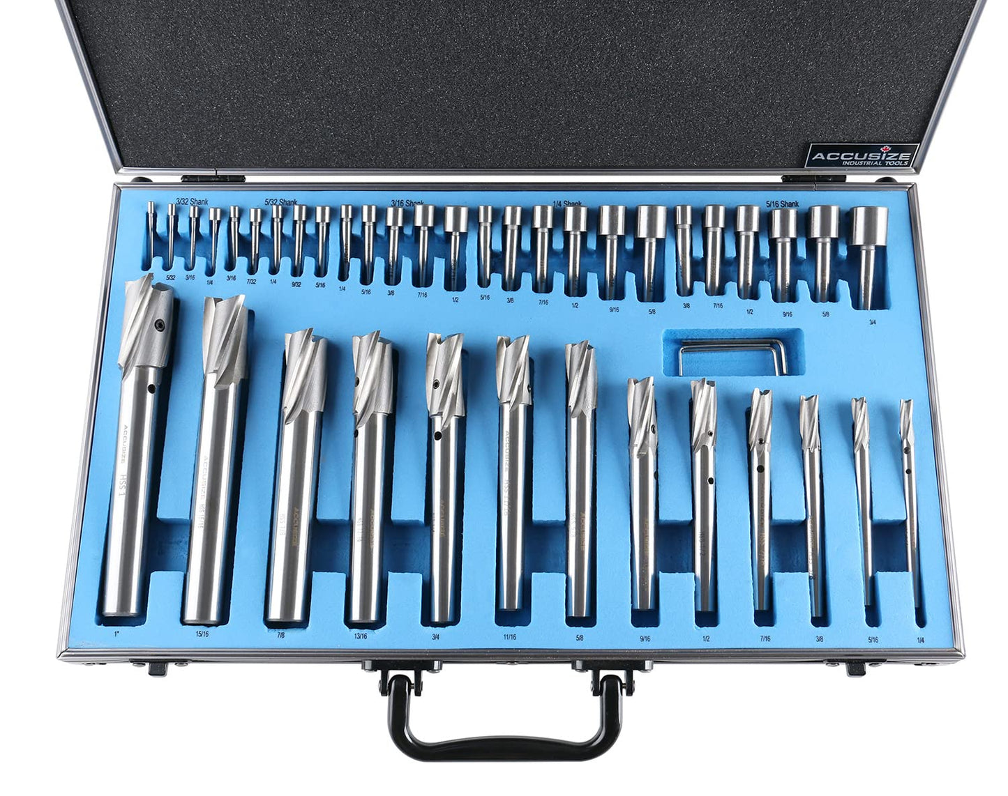 Accusize Industrial Tools 39 Pc Straight Shank H.S.S. Interchangeable Pilot Counterbore Set, Counterbores from 1/4'' up to 1'' by 16ths, 500S-A000