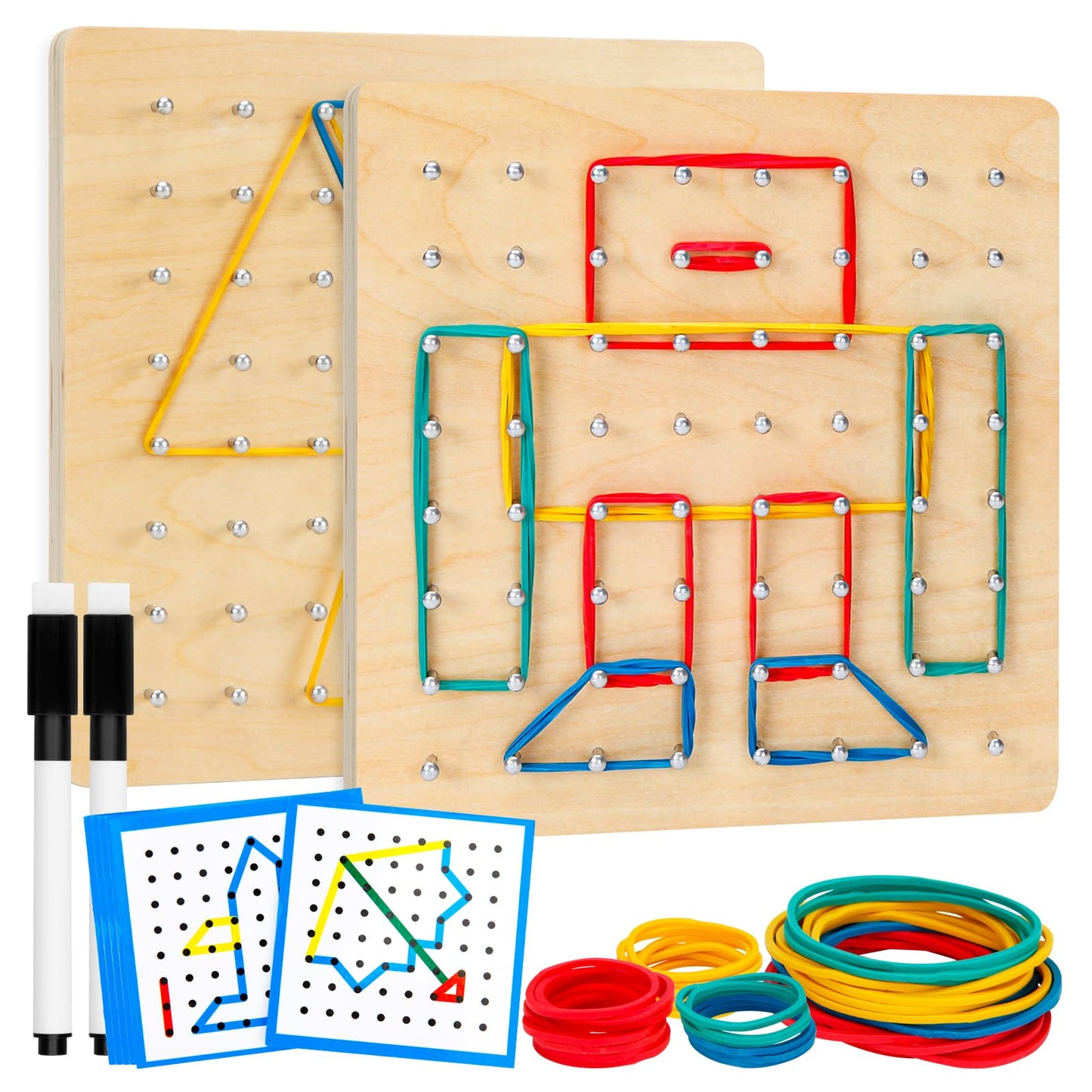 HEELWIRE 2Pack Wooden Geoboard,Montessori Toy,Graphical Mathematical Education Toy for Kids with Pattern Cards and Rubber Bands to Figures and Shapes, Brain Teaser STEM Toy Geo Board.
