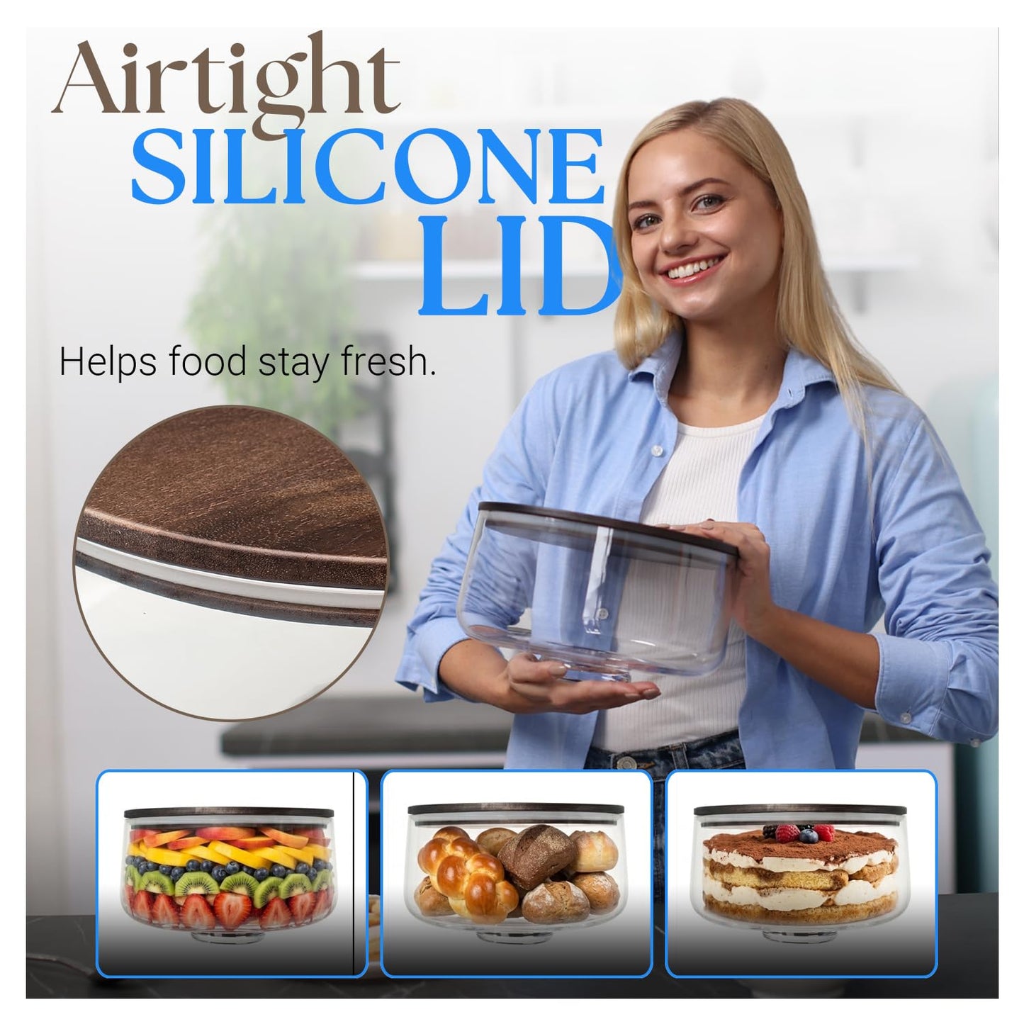 Large Trifle Bowl with Lid Set, 4.8Q (155oz) - Silver Serving Spoon & Acacia Wood Lid - Decorative Glass Mixing Bowl, Trifle Glass With Pedestal - Serving Bowl for Layered Desserts, Fruits, Salads,