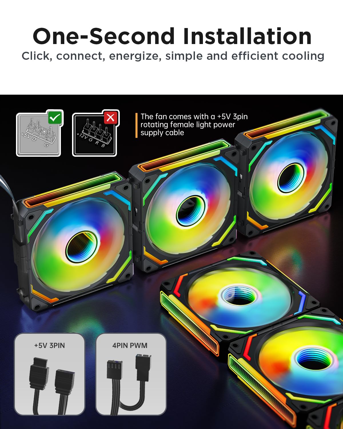 AsiaHorse COSMIQ-RE-Black 120mm Case Fan, Infinity Mirror FDB Reverse Fan with 5V 3-PIN Connector and Small Controller, Daisy Chain PWM PC RGB Fans for Cases CPU Liquid Coolers, 3Pack