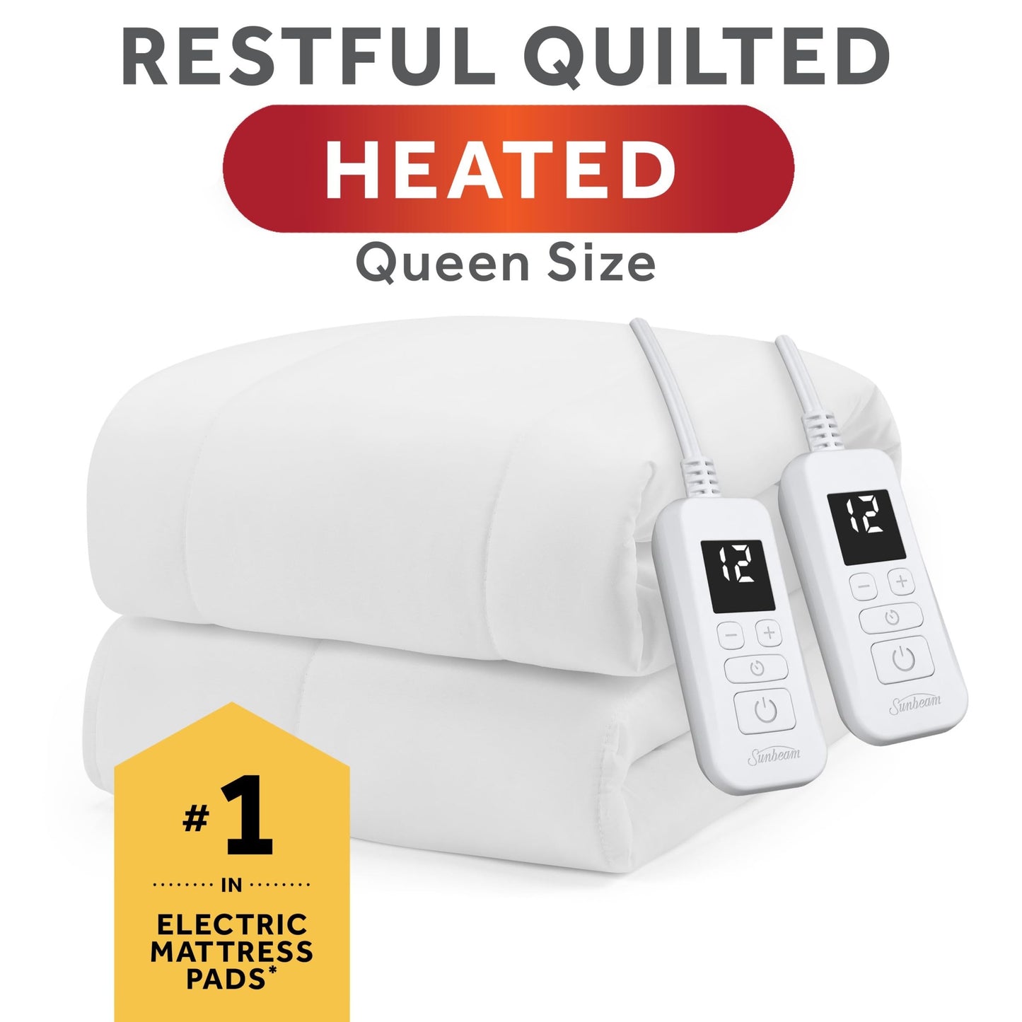 Sunbeam Electric Restful Quilted Heated Mattress Pad Queen 80" x 60" 12 Heat Settings 12-Hour Auto Shut-Off Extra-Cozy Fabric Deep Pocket Fit Machine Washable