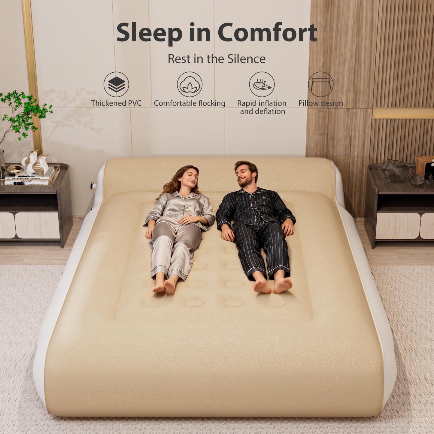 Gaglojti 16" Queen Air Mattress Full with Built in Pump for Camping,Portable Blow up Mattress with Carry Bag,High-Speed Pump,Luxury Inflatable Mattress Comfort Flocked Airbed for Guest,Home(Khaki)