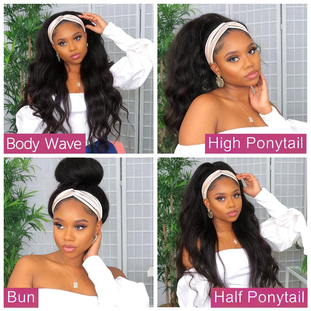 olimaruly Headband Wig Human Hair Body Wave Headband Wigs for Black Women 18 Inch Brazilian Virgin Hair Glueless None Lace Front Wig Human Hair Headband Wig 150% Density Natural Color