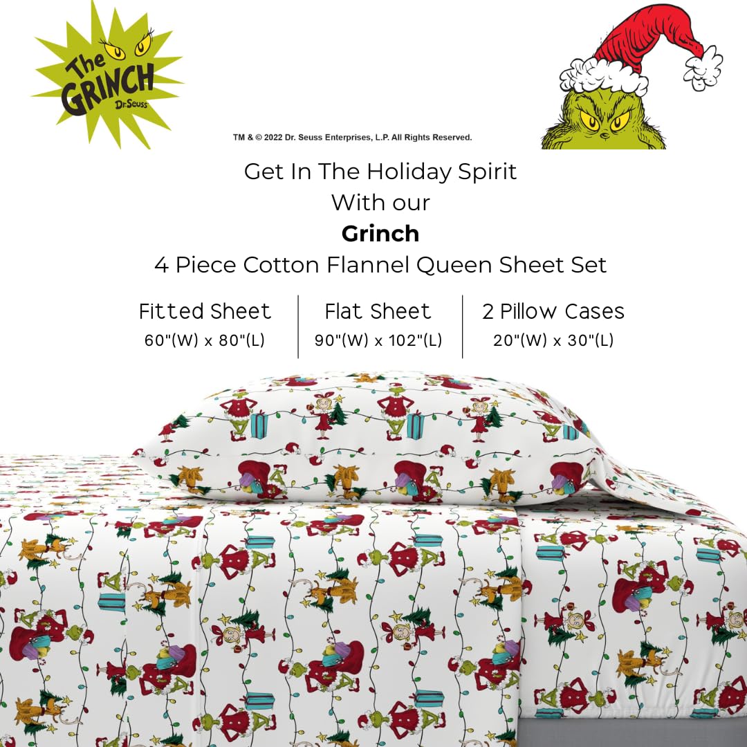 Grinch by Dr. Seuss Holiday & Christmas Bedding Super Soft 100% Cotton Flannel Sheet Set, Queen, (Officially Licensed Product) By Franco