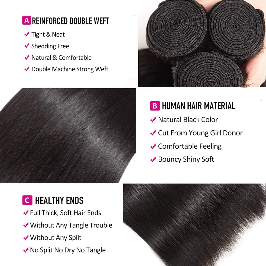 Straight Bundles Human Hair 16 16 16 Inch Brazilian Straight Hair Bundles 100% Unprocessed Virgin Hair Weave Bundles Human Hair Extension for Women Trippy Hair Bundles Human Hair Natural Color
