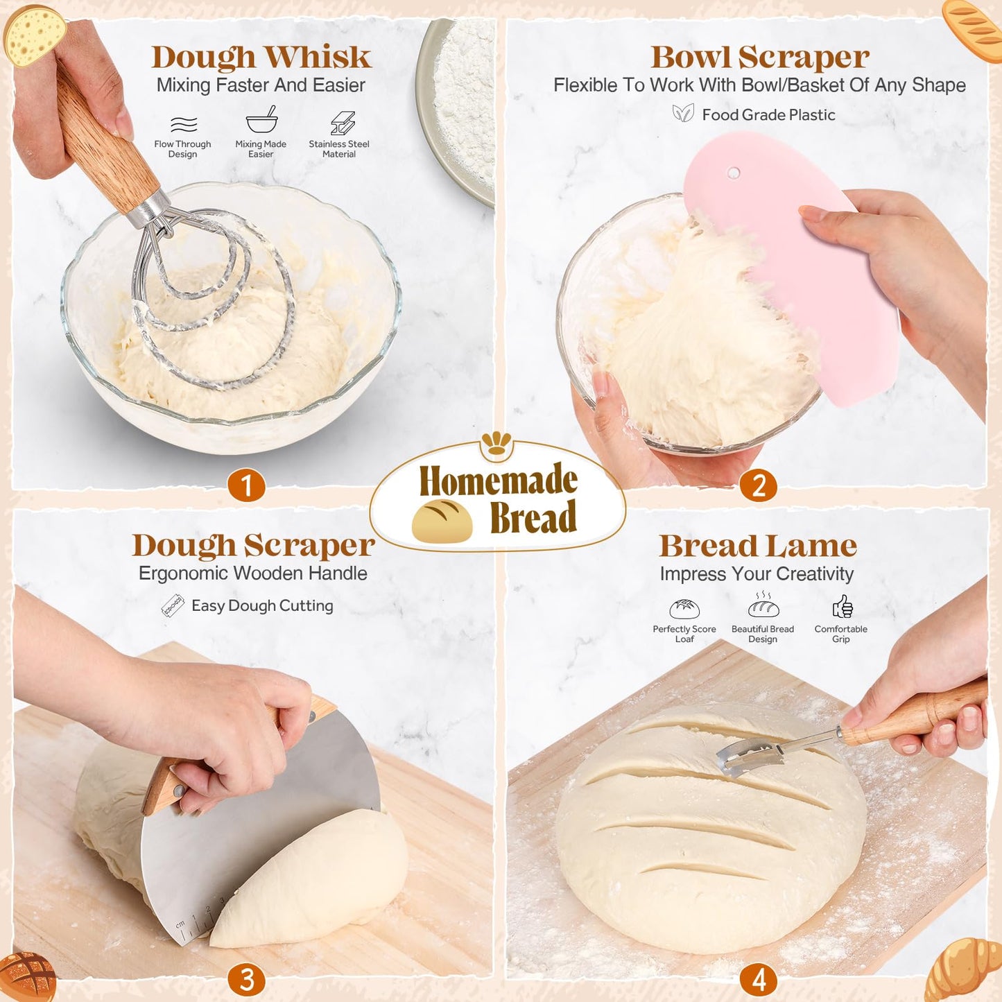 Sourdough Starter Kit, Sourdough Bread Baking Supplies, Sour Dough Starter Kits, Pink Sourdough Kit, Baking Gifts for Women, Bread Proofing Basket, Sour Dough Bread Making Kit Tools Baking Set