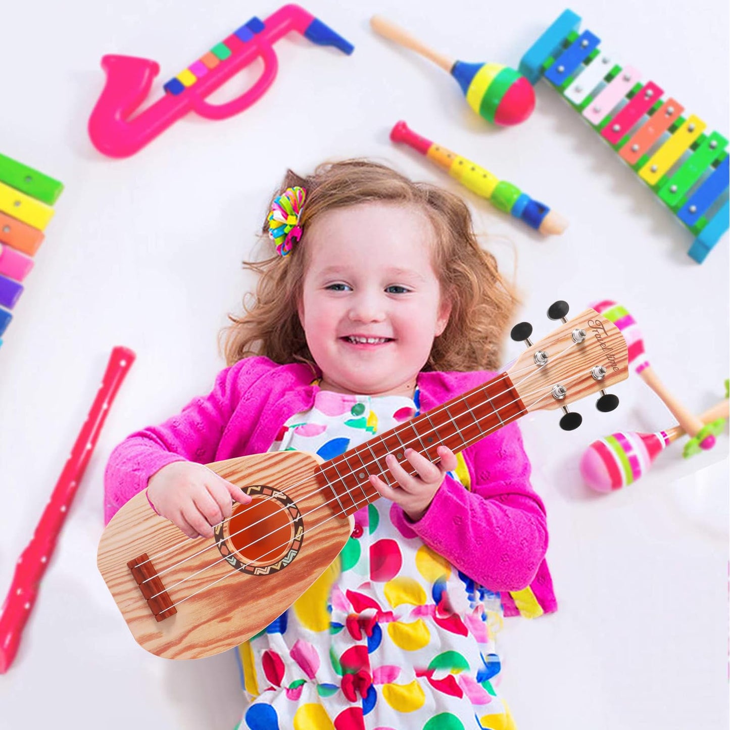 17" Mini Guitar Ukulele Toy for Kids 4 Strings Keep Tones Can Play Not Electronic Ukulele Children Musical Instruments Educational Toys with The Picks and Strap for Beginner Starter (Light Color)