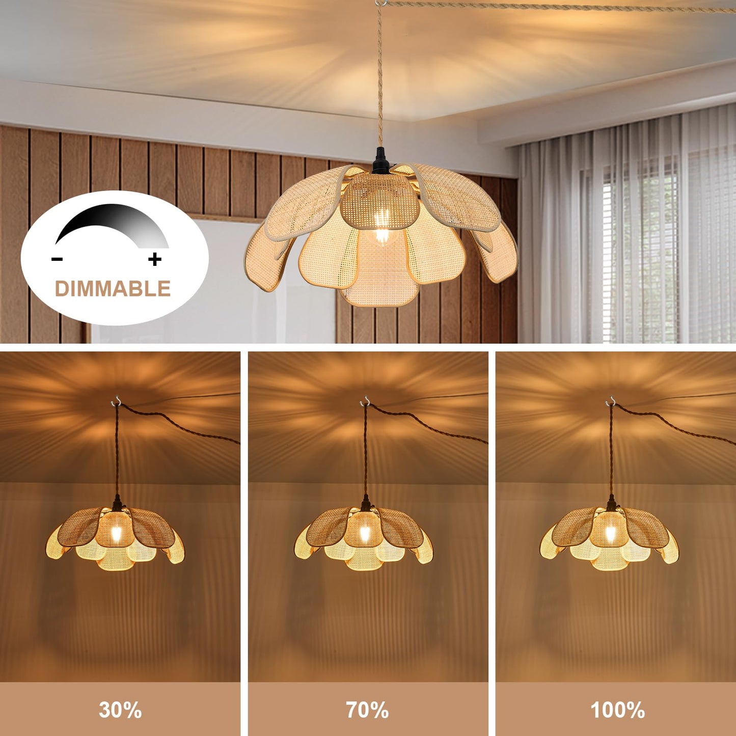 Haolaike Boho Plug in Chandeliers Rattan Hanging Lights Flower Pendant Light with On/Off Switch 15ft Hemp Rope Cord Handwoven Lampshade Bedroom Flower Hanging Lamp Fixture for Dining Room Living Room