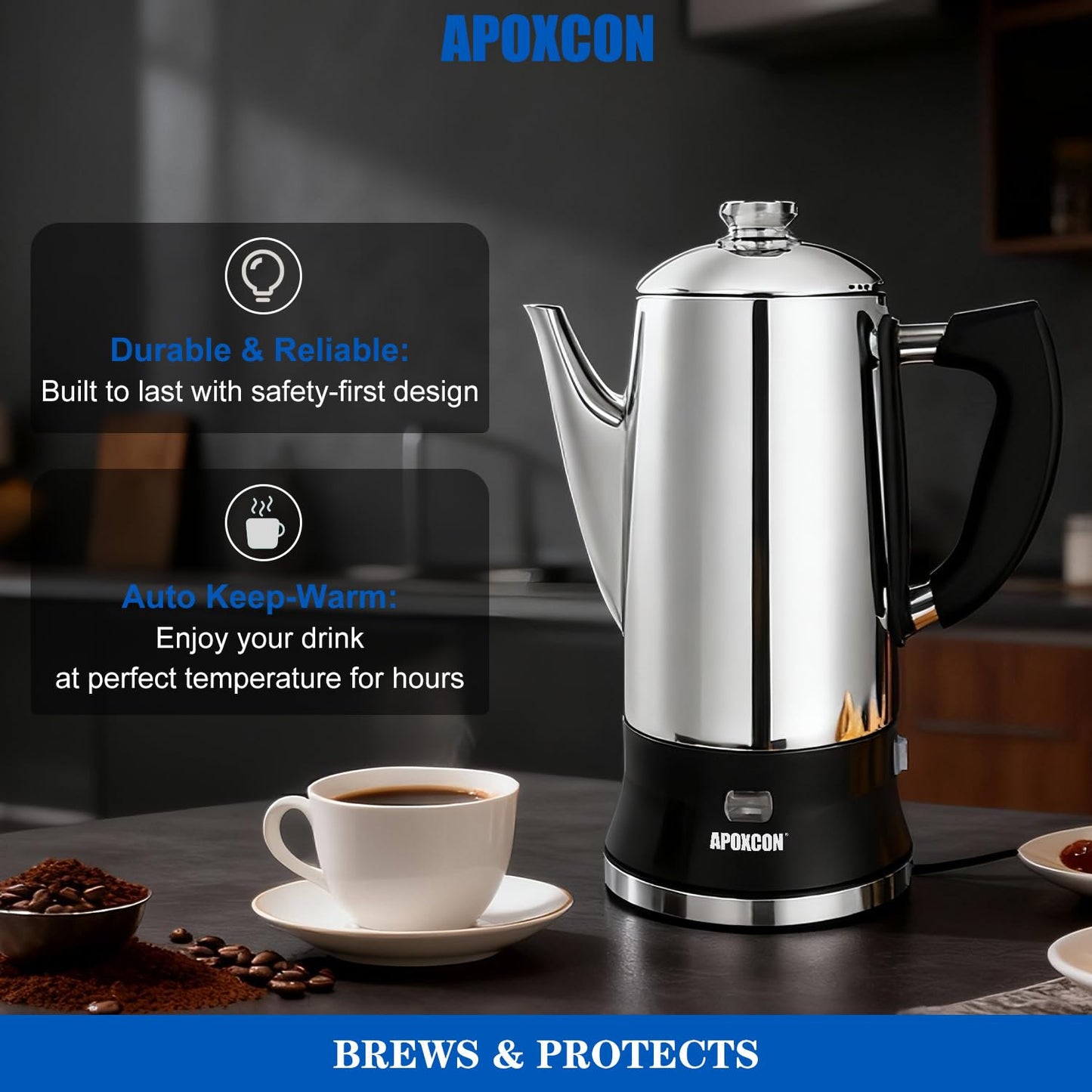 APOXCON Electric Coffee Percolator Stainless Steel Coffee Maker with Clear Brew Progress Tough Glass Knob and On/OFF Switch Classic Coffee Pot with Keep Warm & Cordless Serve No Aluminum (12 Cup)
