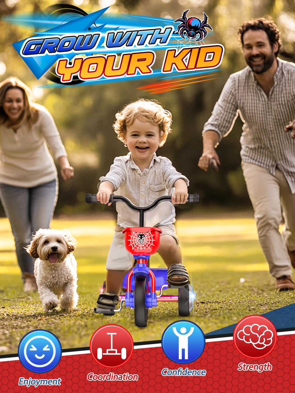 Tricycle Spider Bike Baby Balance with Colorful Lighting Wheels & Large Basket
