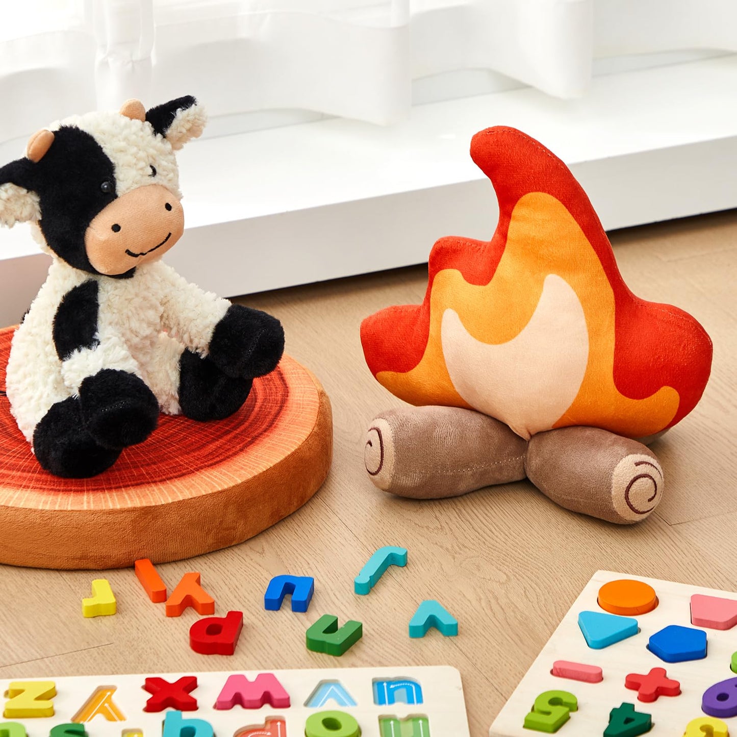 PullCrease Campfire Plush Toys Fake Fire Firewood Plush Pillow Woodland Forest Nursery Classroom Decor for Camping Overnight Scene Setting Room Decoration(3 Pack)