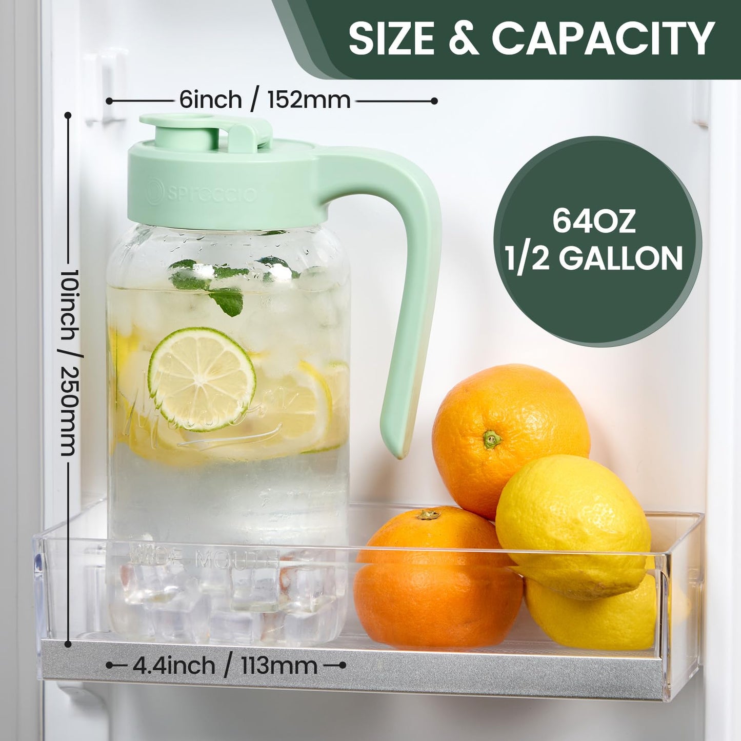 Spreccio Mason Jar Pitcher - Airtight & Leakproof Glass Pitcher with Lid, Perfect for Breastmilk, Cold Brew, and Sun Tea, 2 Quart (64 oz) Mason Jar with Pour Spout Lid