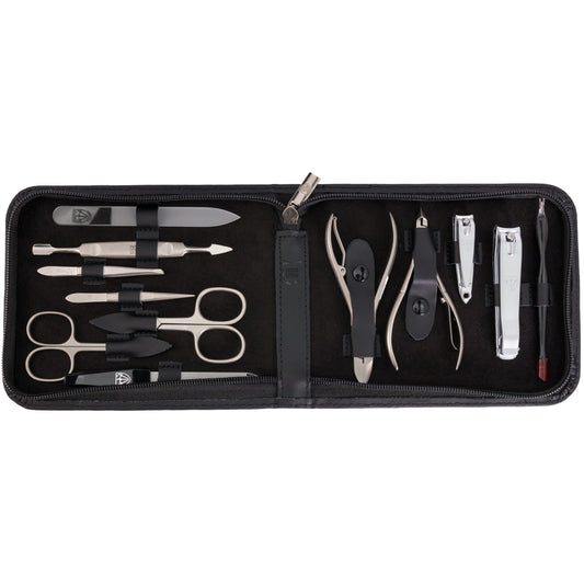 3 Swords Germany - brand quality 12 piece manicure pedicure grooming kit set for professional finger & toe nail care with black genuine leather case - Made in Germany