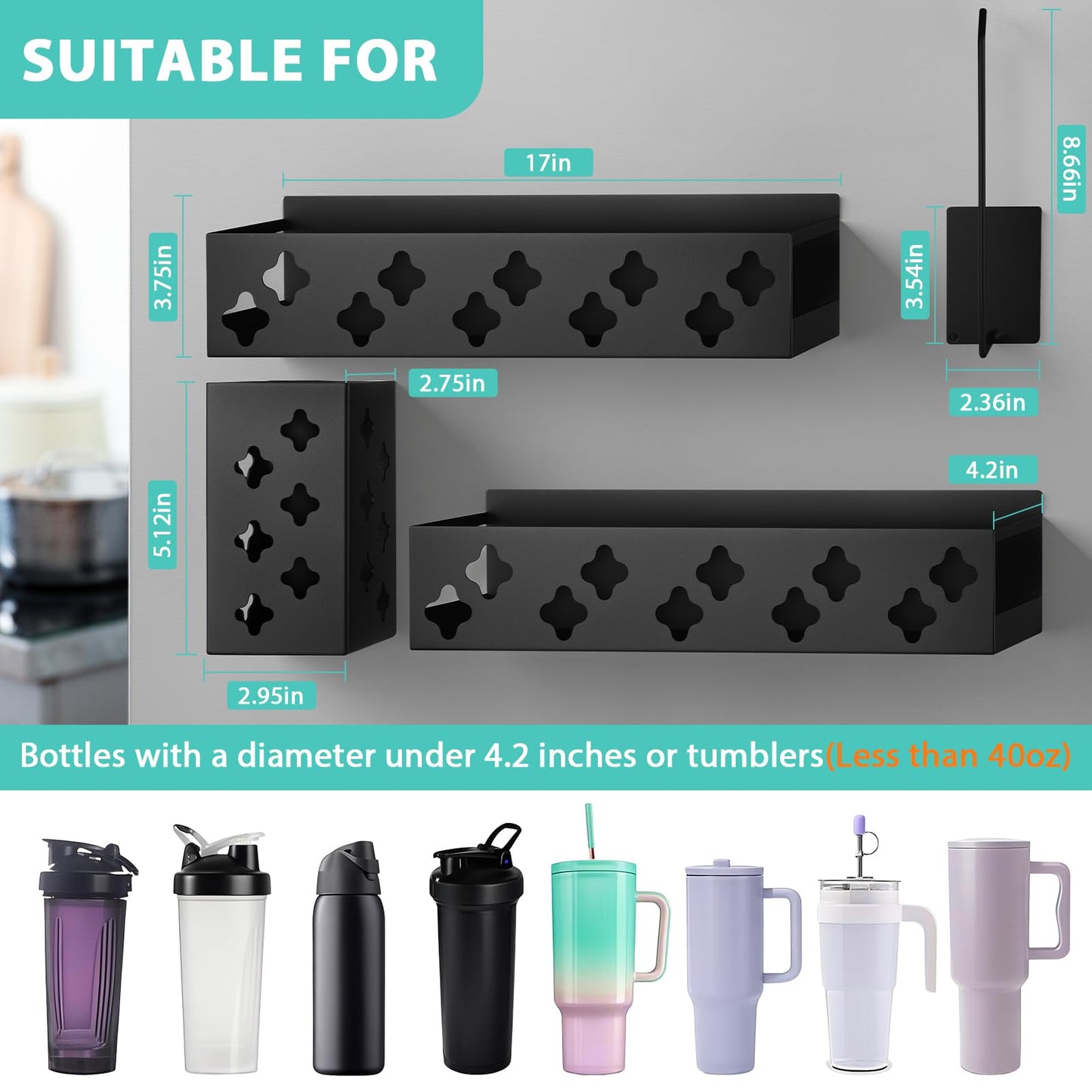 Magnetic Water Bottle Organizer for Fridge, Magnetic Cup Holder for Stanley 30 40 Oz with Tumbler Lid & Straw Organizer, 8 Tumblers Kitchen Storage Rack for Stanley Cup Accessories, Space-Saving