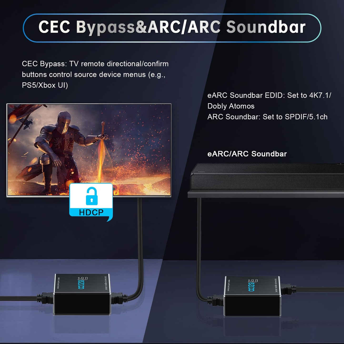 4K@120Hz HDMI 2.1 eARC Audio Extractor 1 in 1 Out Support VRR ALLM HDCP2.3 ARC eARC HDR CEC SPDlF Optical Audio Out Digital EDID for PS5 Xbox NVIDIA AMD