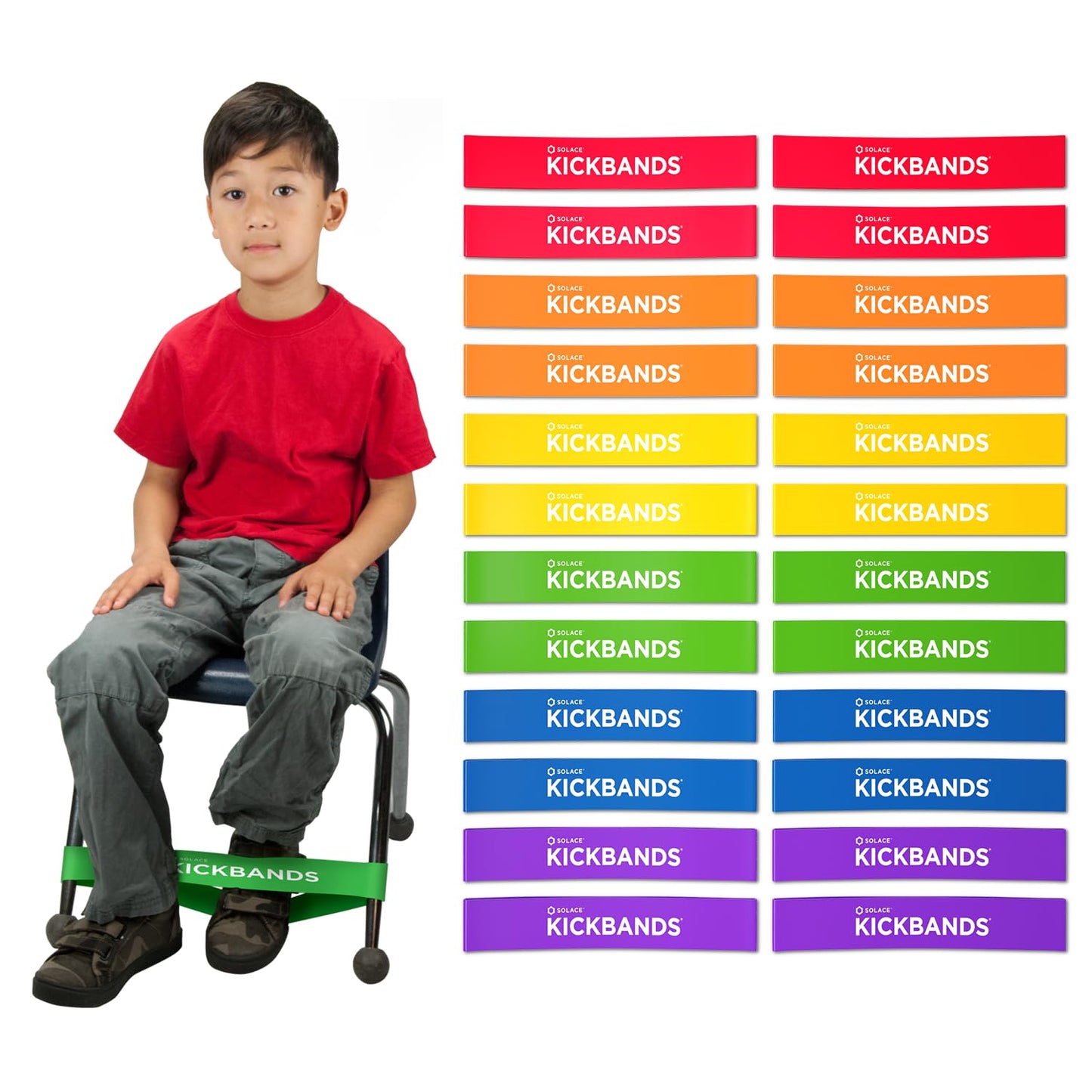 KICK BANDS Chair Bands for Kids with Fidgety Feet 24-Pack - ADHD Fidget Kickbands for Classroom Chairs & Desks - Solace Sensory Kickband (RAINBOW)