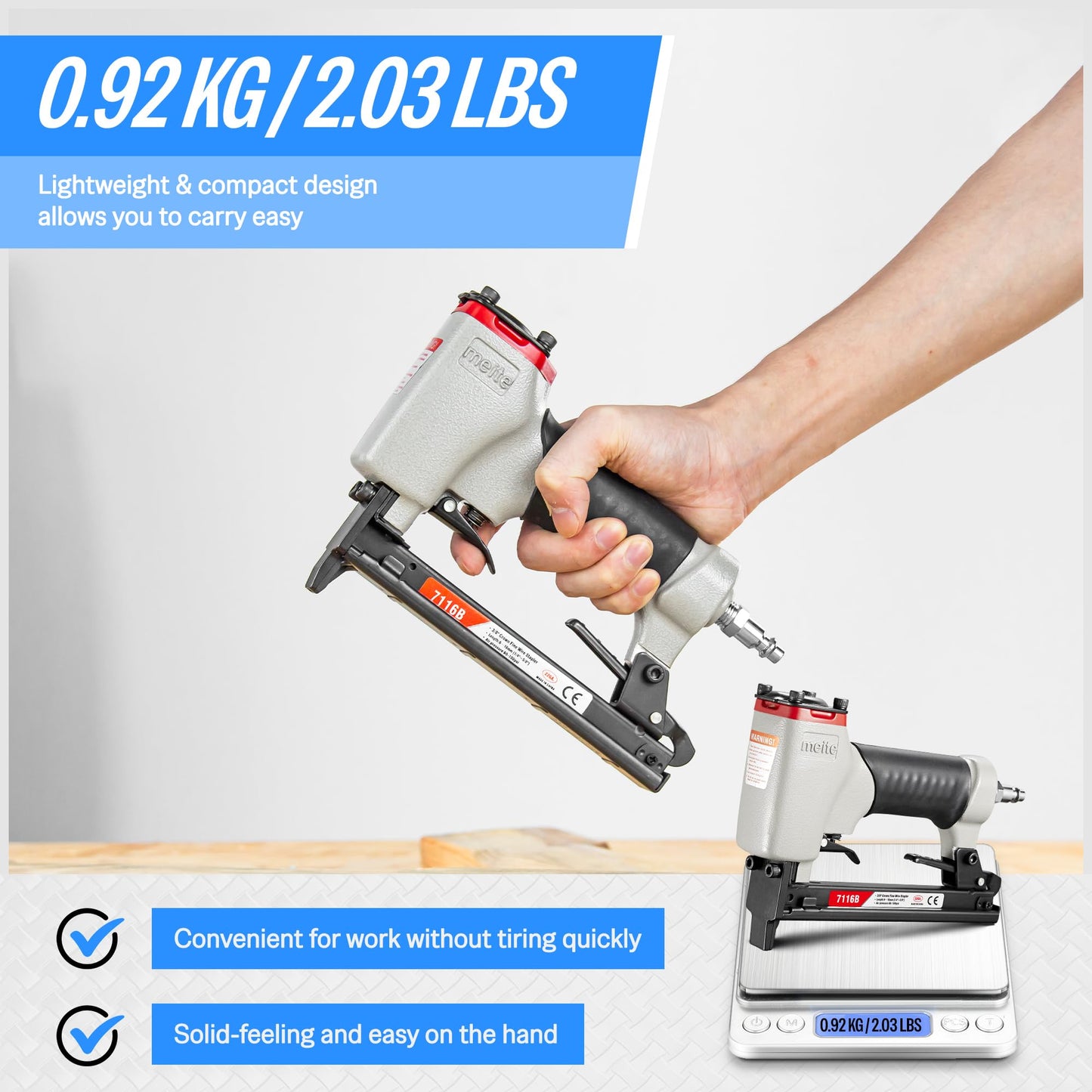 meite 7116B Upholstery Stapler 22 Gauge 3/8-Inch Crown or C Crown 1/4-Inch to 5/8-Inch Length Pneumatic Fine Wire Stapler