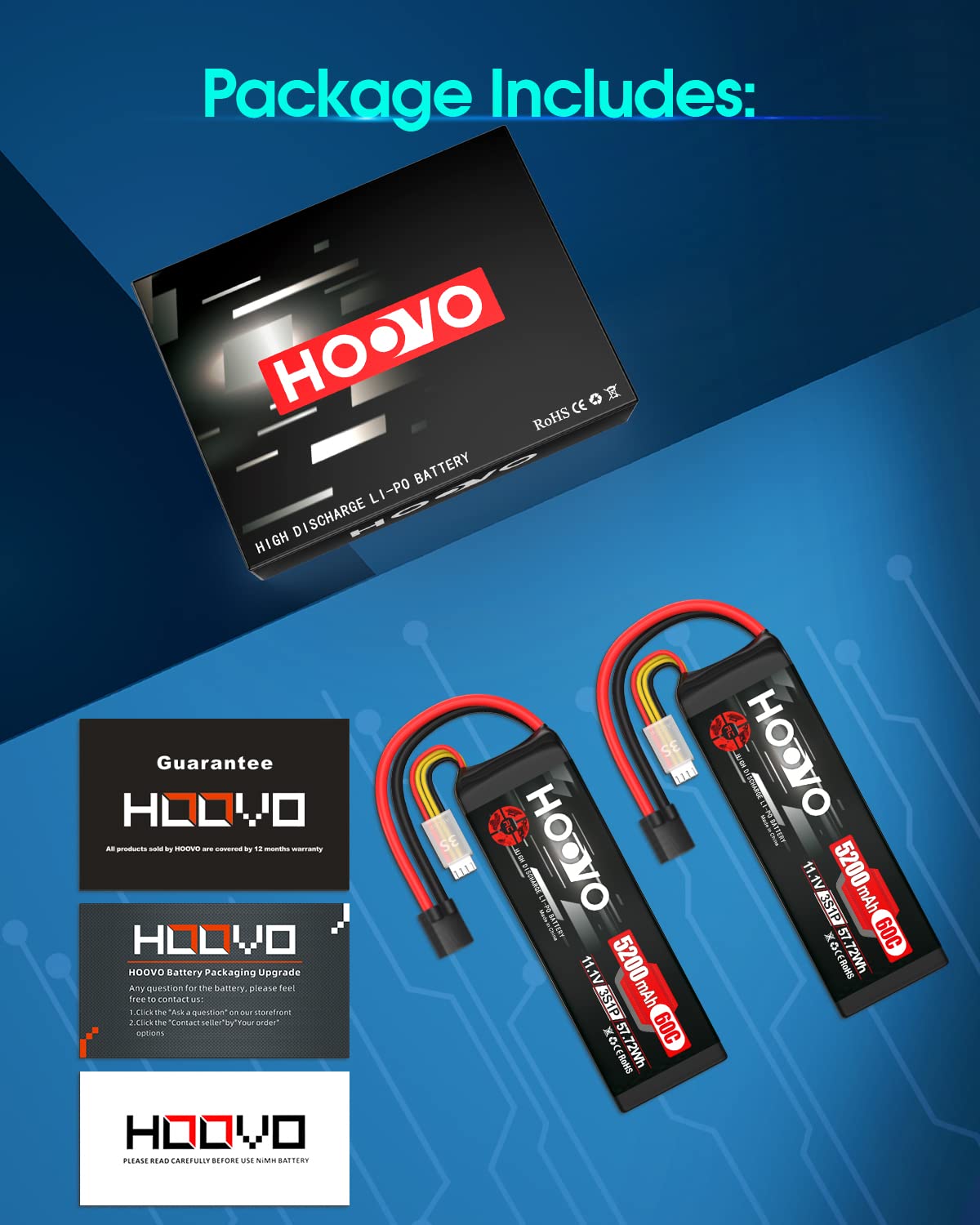 HOOVO 11.1V 3S LiPo Battery 5200mAh 60C with Tr Plug for RC Car RC Truck Airplane Helicopter Boat Car Racing RC Hobby, 2 Packs