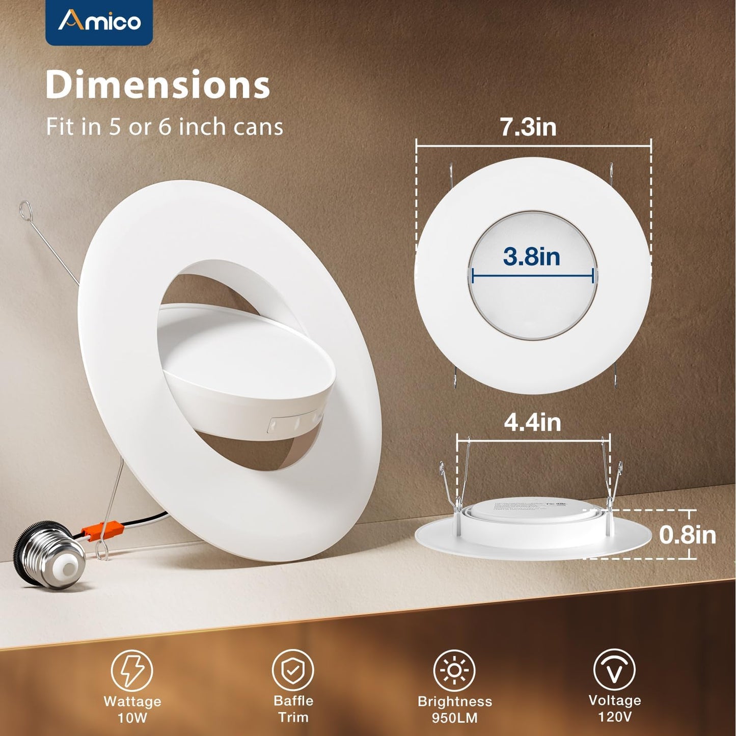 Amico 6 Pack 6 Inch Retrofit Eyeball Gimbal Can Lights, Adjustable Eyeball Directional 5CCT LED Recessed Lights, Dimmable, 2700K/3000K/3500K/4000K/5000K Selectable, 10W 950LM, ETL&FCC