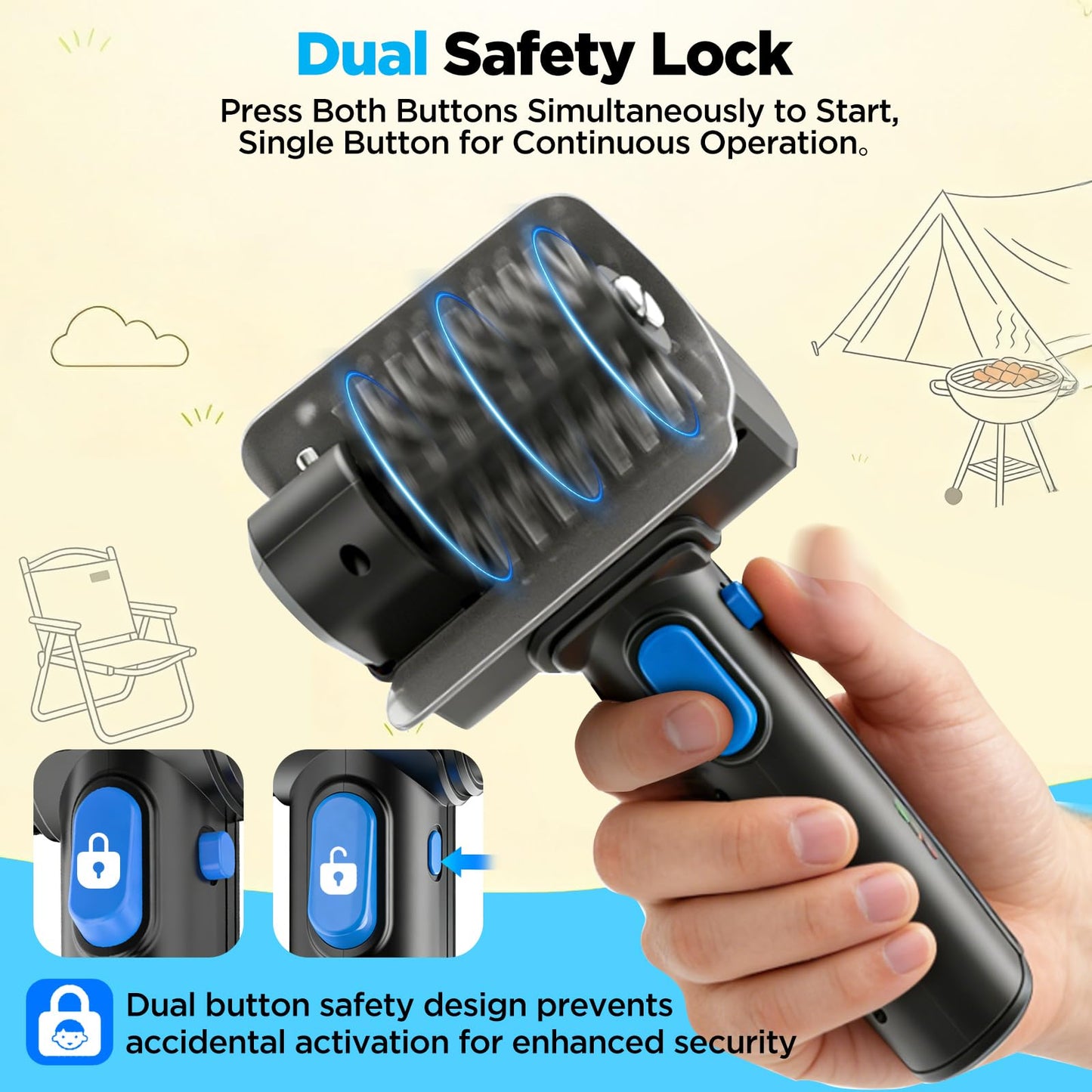 YEBLEM Electric Grill Brush with Dual Safety Lock - Ideal Gift for Men Dad Husband, Professional BBQ Cleaner with Submersible 304 SS Head, Splash-Proof Scrubber for Outdoor Grill (Blue Button)