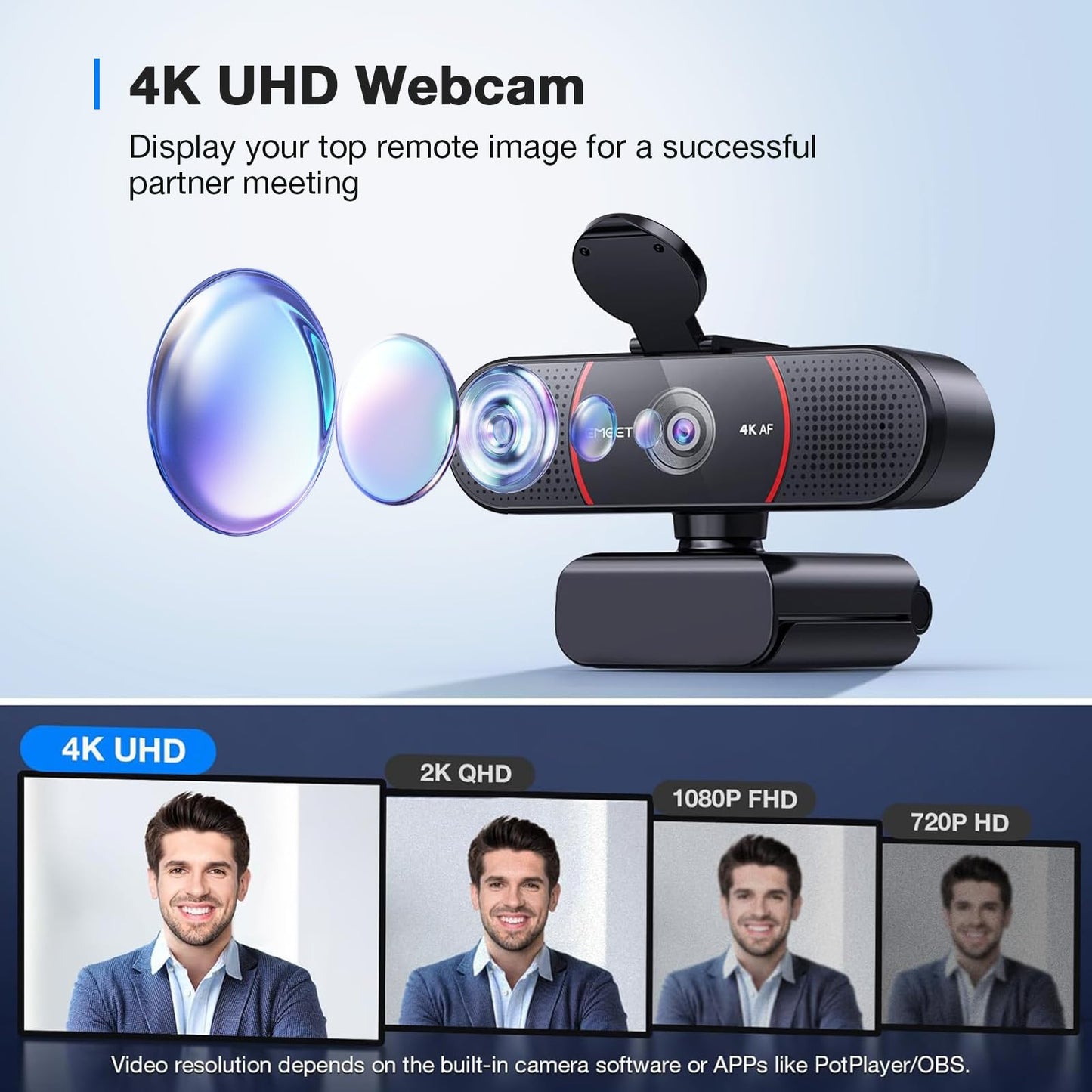 EMEET C960 4K Webcam with Tripod, 4K UHD Sony Sensor, 3 Adjustable Height Mini Tripod w/Privacy Cover, PDAF Auto Focus, Dual Noise-Cancelling Mics, Auto Light Correction, Perfect for Online Meetings