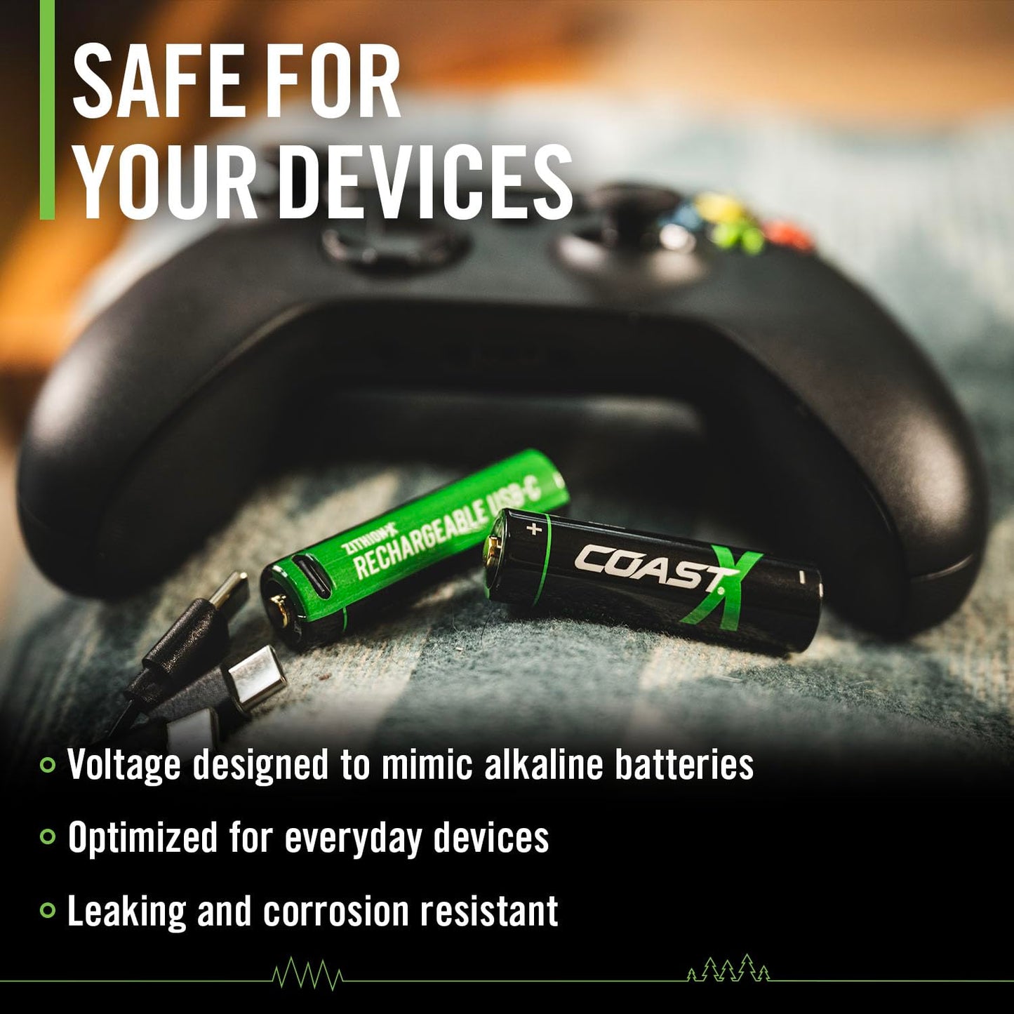 Coast AA USB-C Rechargeable Batteries, ZITHION-X, Lithium Ion 1.5v 2400 mAh, Long Lasting, Charges Under 2.5 Hours, Charging Cable Included, 4-Battery Pack