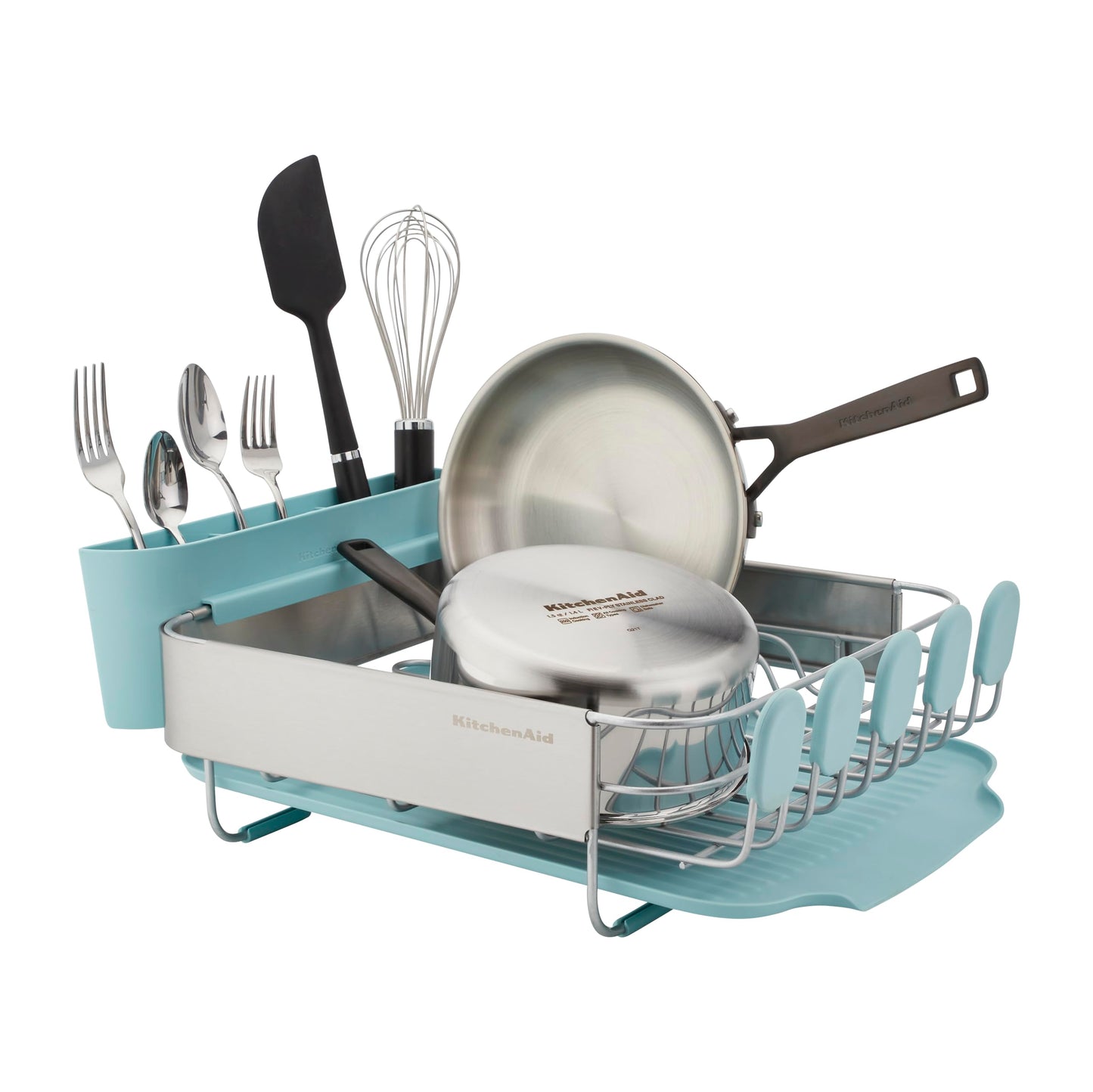 KitchenAid Compact Space Saving Rust Resistant Dish Rack with Removable Flatware Caddy and Angled Self Draining Drainboard, 12.63 x 15.87 x 5.54 Inch, Mineral Water