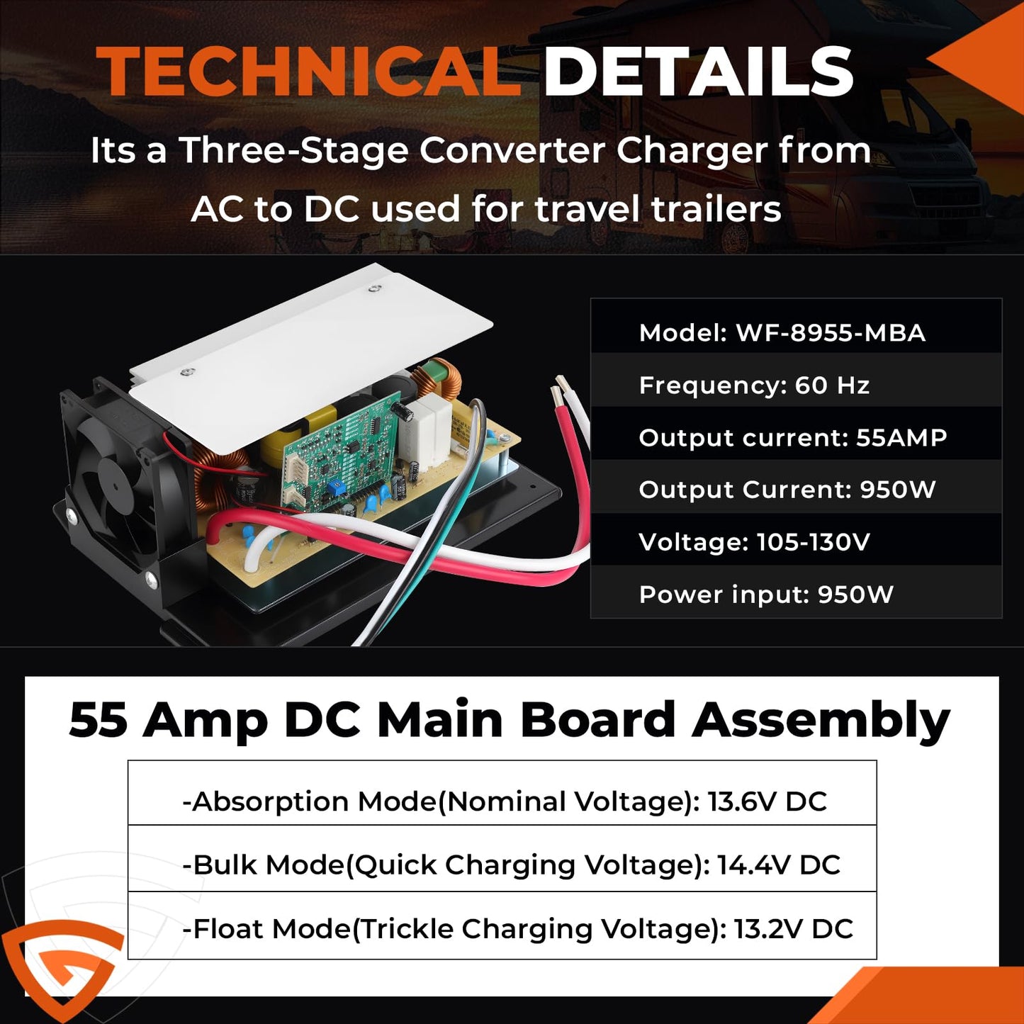 WF-8955-AD-MBA RV Power Converter Main Board Assembly 55 Amp for RV Trailer Camper WF-8955, WF-8900-AD, WF-8955-MBA, WF-8955PEC Series Converters, Fit for Parallax 7155, 7145 Power Center