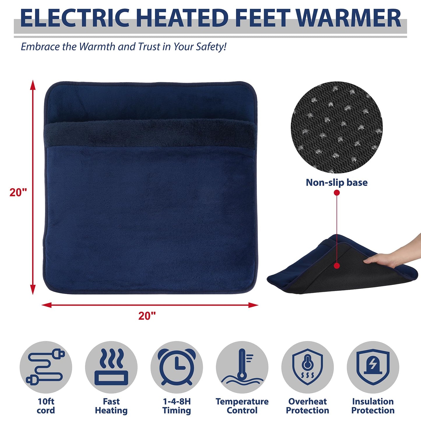 Heated Electric Pad for Foot,Double-Sided Heating,6 Fast Heating Settings 3 Timers,10 ft Cord Electric Fast Heat Pad with Heat Settings Under Desk,Bed,Office,Home, Valentine's Day Gift