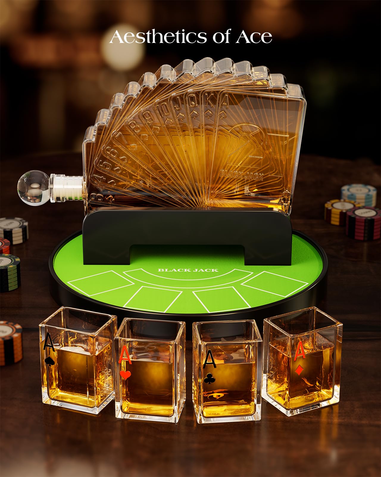 Kollea Blackjack Whiskey Decanter Set, 37.2 Oz Whiskey Decanter with 4 Glasses, Casino Style Decanter for Liquor, Funny Christmas Birthday Gifts for Men Dad, Him, Poker Blackjack Game Night Essentials