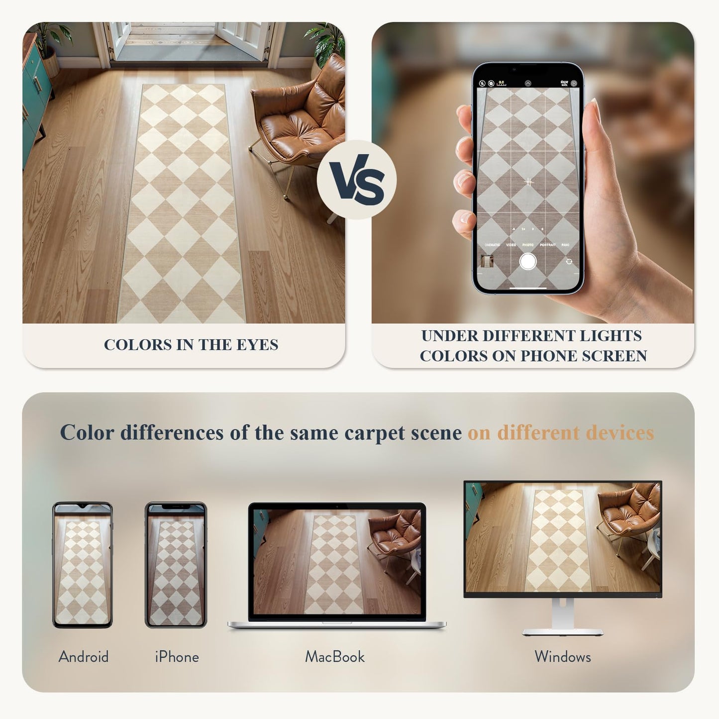 Beeiva Checkered Print Long Hallway Runner Rug Non Slip, Beige Ultra Thin 2.5x10 Washable Runner Rug, Moroccan Trellis Home Decor Faux Wool Neutral Carpet for Bathroom Kitchen Hallways, 10ft