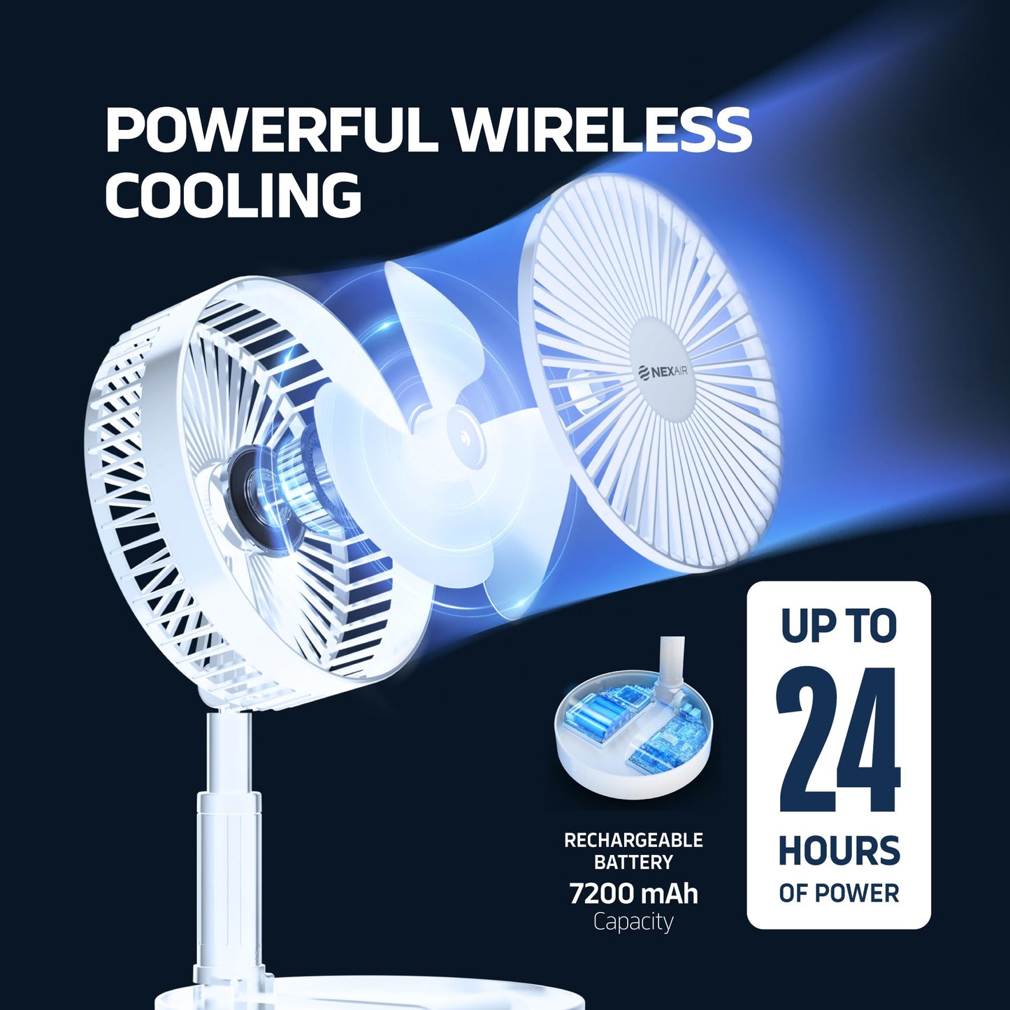 NEXAIR Premium 8" Foldable 4 Speed Portable Fan with Adjustable Height 14” – 39.5 in, Rechargeable Folding Fan For Home And Office, Quiet Floor Fan For Bedroom, Battery Operated Fan For Travel