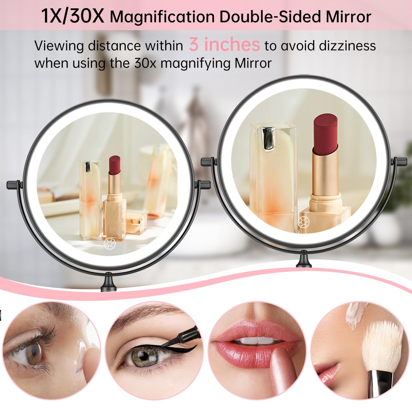 FUNTOUCH 5000mAh Rechargeable Wall Mounted Lighted Makeup Vanity Mirror, Double Sided 1X 30X Magnifying, 3 Color Lighting, Touch Dimming, Extended Arm 360 Rotation Light up Bathroom Mirror Black
