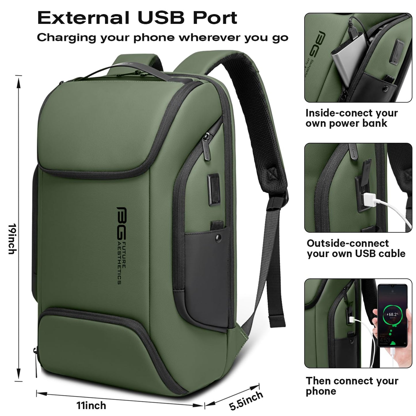 BANGE Business Laptop Smart backpack Can Hold 15.6 Inch Laptop Commute Backpack Carry on bag for men and women (Green)
