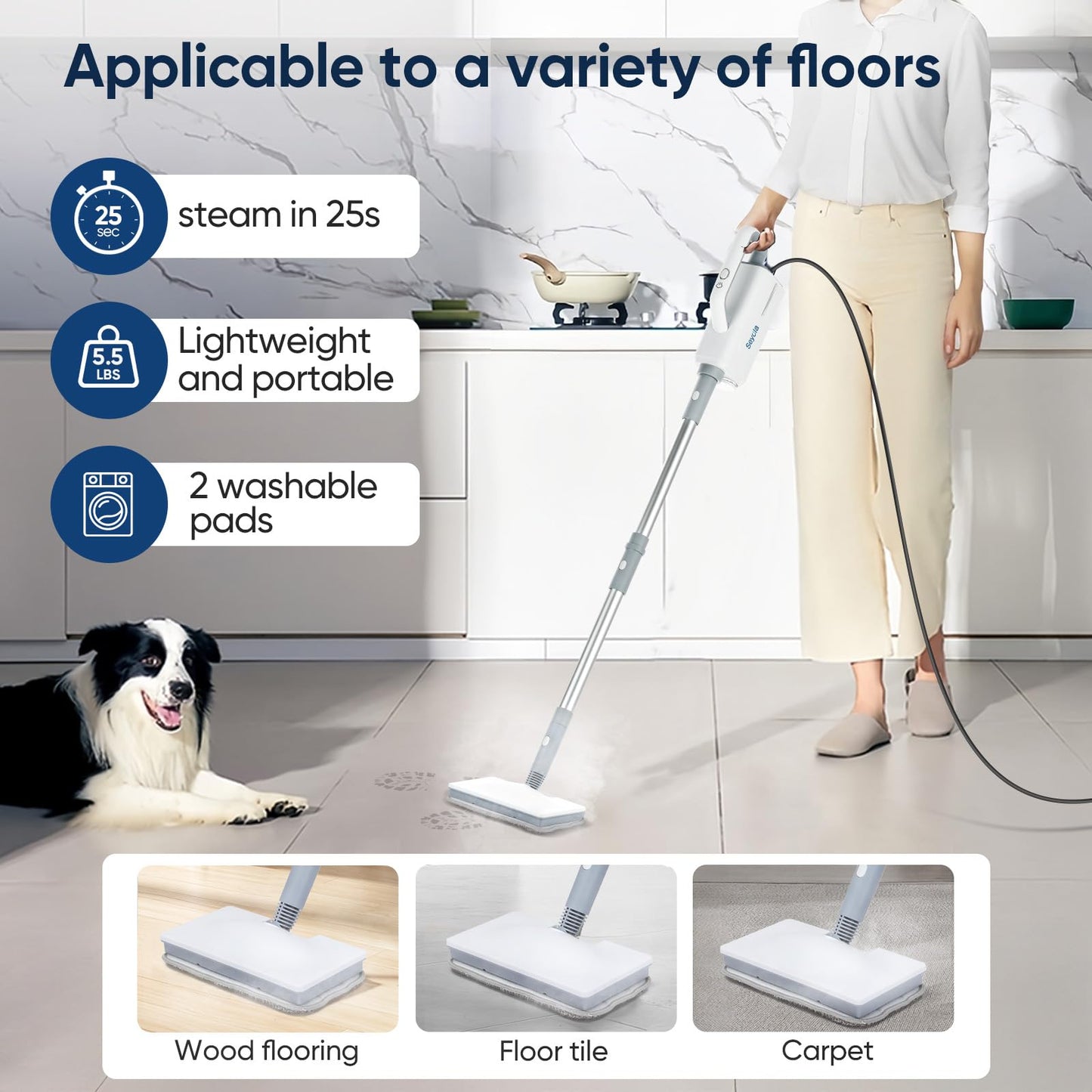 Seyola Steam Mop for Floor Cleaning, Steam Cleaner for Home with Handheld 6-in-1 Multi-function Attachments for Hardwood Floors, Clothes, Windows, Tiles Grout, Furniture Cleaning (White-Gray)