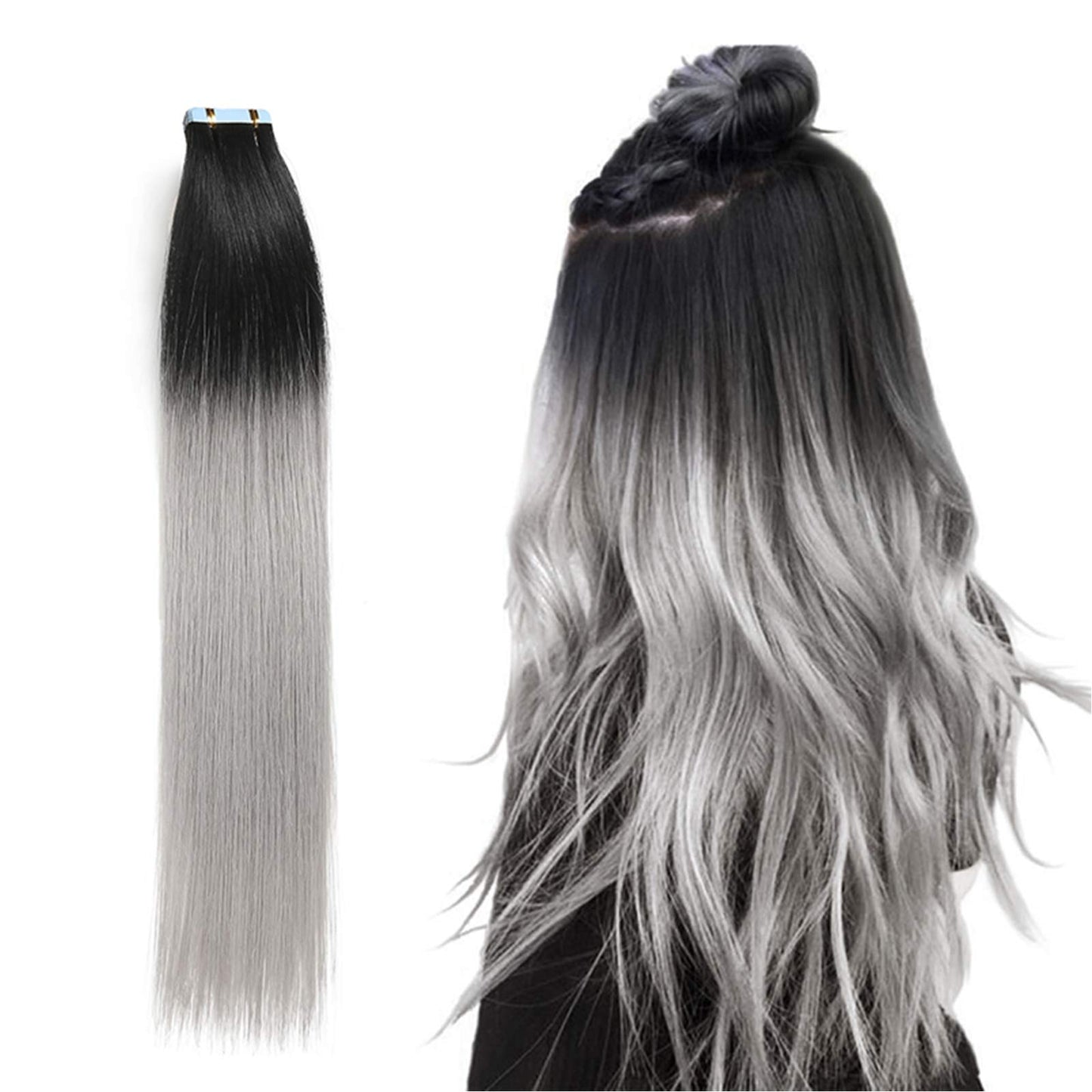 Rinboool Tape in Hair Extensions, Real Natural Remy Human Hair, Seamless Straight Pu Skin Weft, 14 Inch 40 Gram 20 Pieces, Ombre Black to Silver Grey