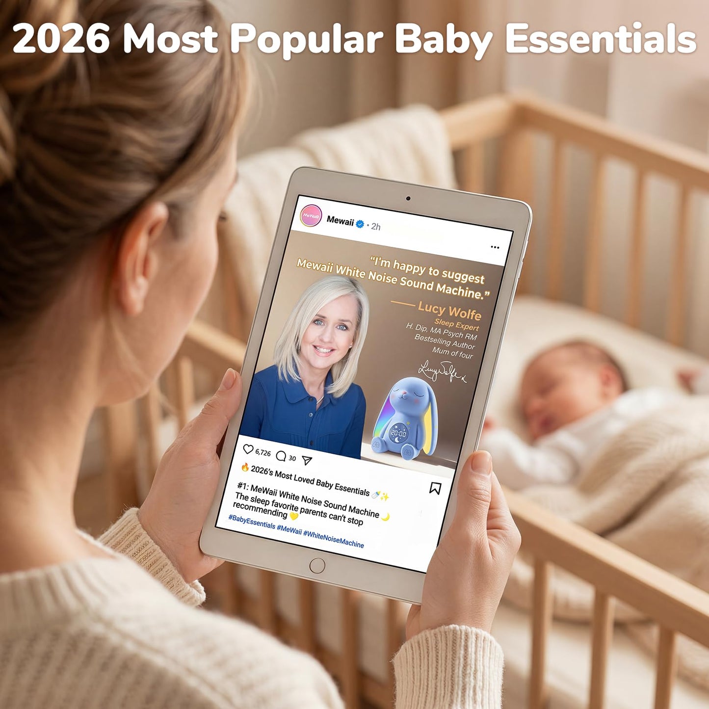 Mom's Choice Awards丨Bunny White Noise Sound Machine Baby for Sleep- AI Cry Detection, 100 Soothing Sounds, Full APP Access Included, Newborn Baby Boy Gifts, Night Light & Sleep Trainer, New Mom Gift