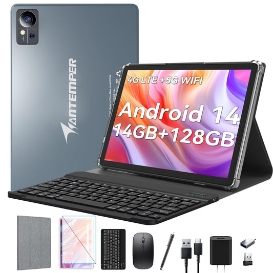 2025 Android 14 Tablet 10 inch,4G Cellular Tablets with 2 SIM 1 SD slot,5G Wifi Android Tablet 128GB ROM +14GB RAM(1TBTF),3-in-1 Tablet with Keyboard-8000mAh,Octa-core,1080FHD,13MP+8MP,GPS-Gray