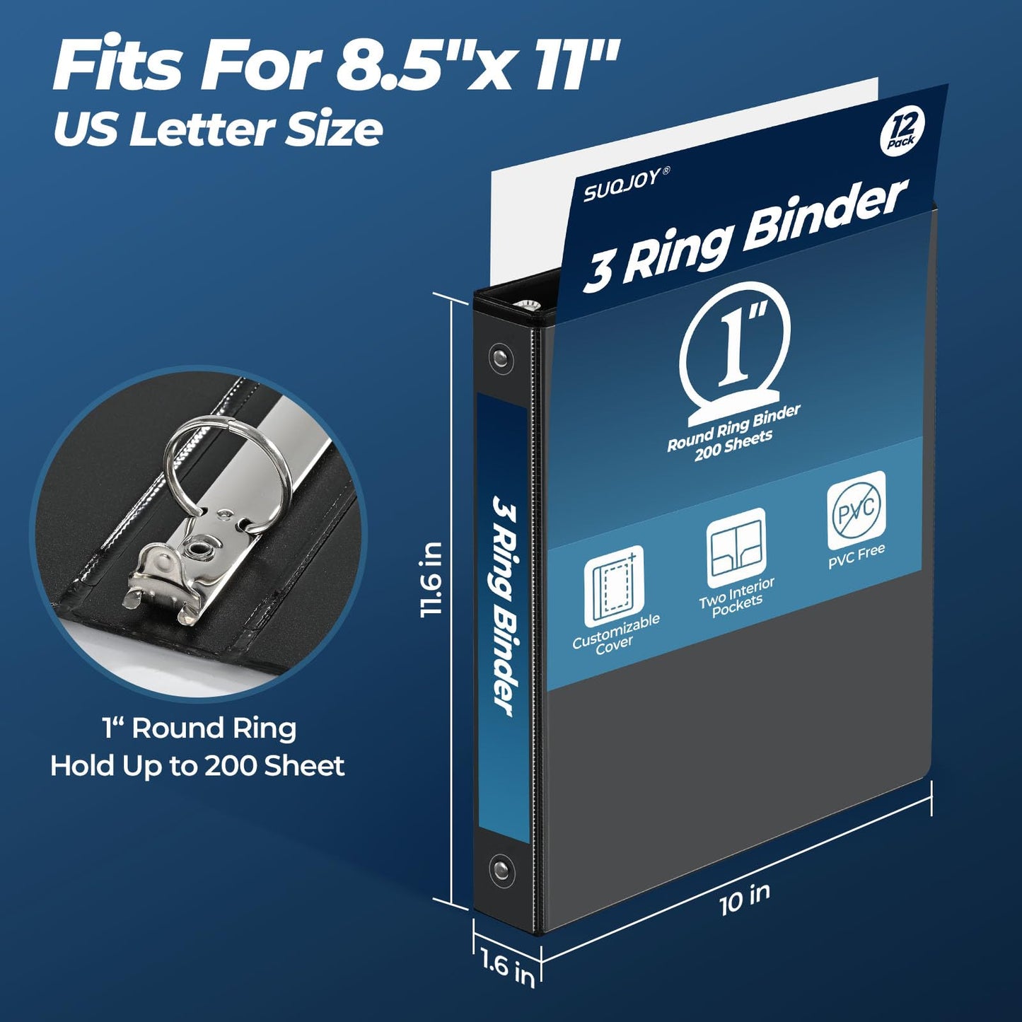 SUQJOY 1 Inch 3 Ring Binders 12 Pack, Clear View Binder Bulk, Black PVC-Free 3-Ring Binders for School, Office or Home, Fits 8.5 x 11 Inches Paper