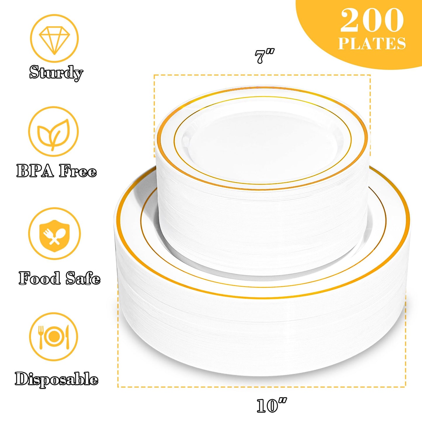 Pryntono 200PCS Gold Plastic Plates, Disposable Party Plates with Gold Rim, Include 100 Dinner Plate and 100 Elegant Dessert Plate for Party and Wedding