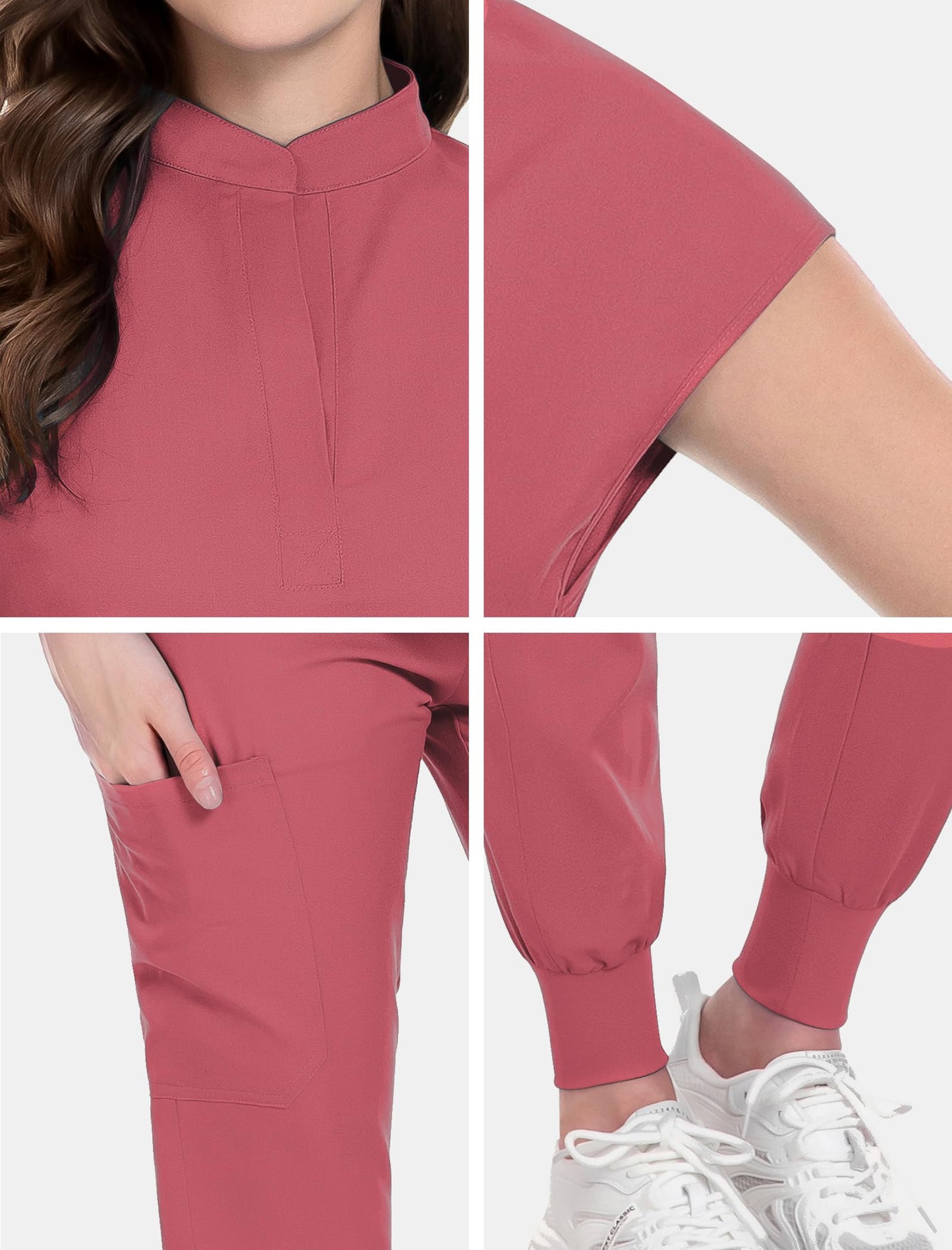 niaahinn Scrubs Set for Women Nurse Uniform Jogger Suit Stretch Top & Pants with Multi Pocket for Nurse Esthetician Workwear (Coral, Small)