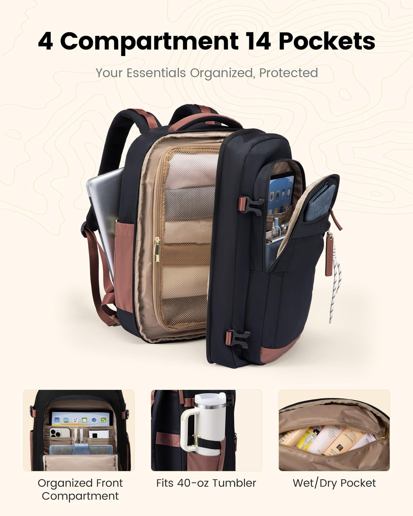 LOVEVOOK 40L Travel Backpack for Men & Women, Airline Approved Carry On Luggage, TSA Personal Item Bag fits 15.6 Inch Laptop, Waterproof Weekender Overnight Suitcase for Work, Black