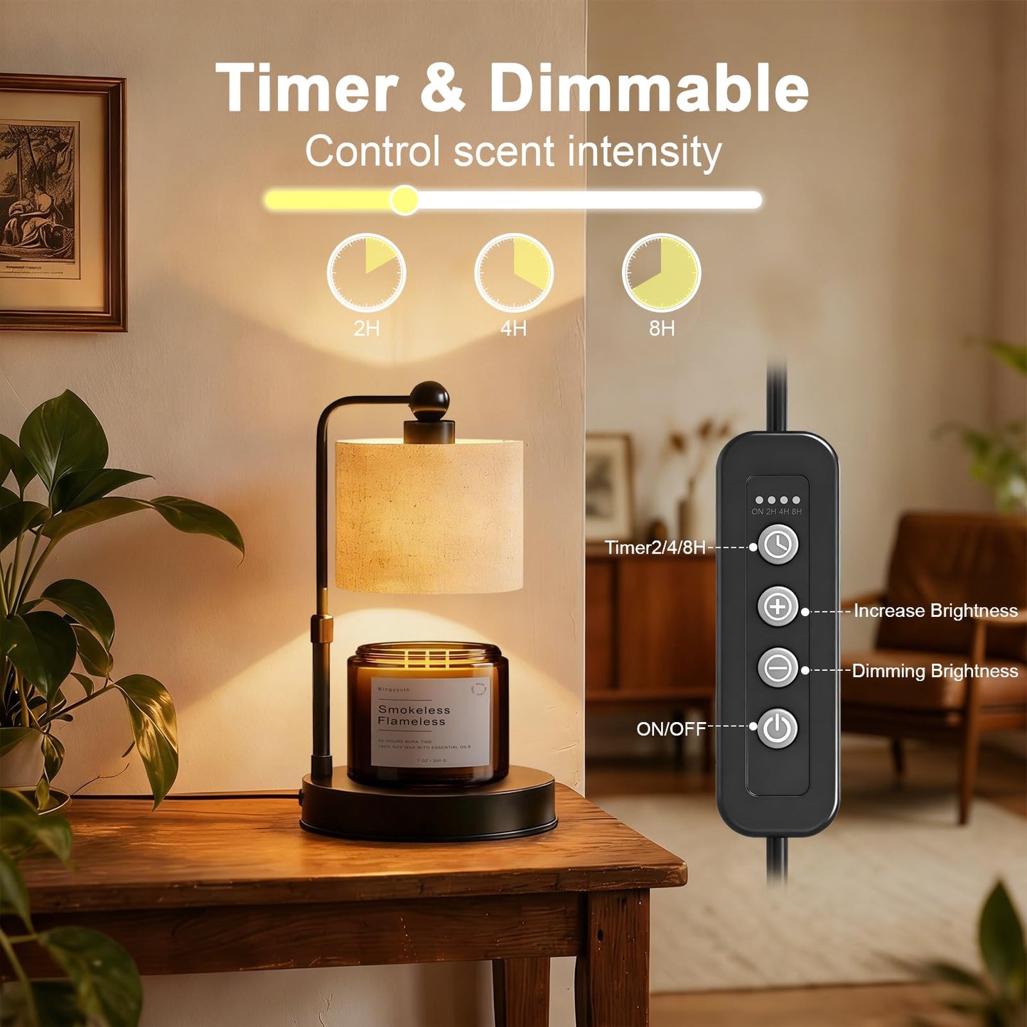 Bingyouth Candle Warmer lamp for 3 Wick Candles, Large Candle Warmer Lamp with Timer, Dimmable, Adjustable Height, Modern Farmhouse Linen Shade, Black Candle Warming Lamp, 2 Bulbs Included