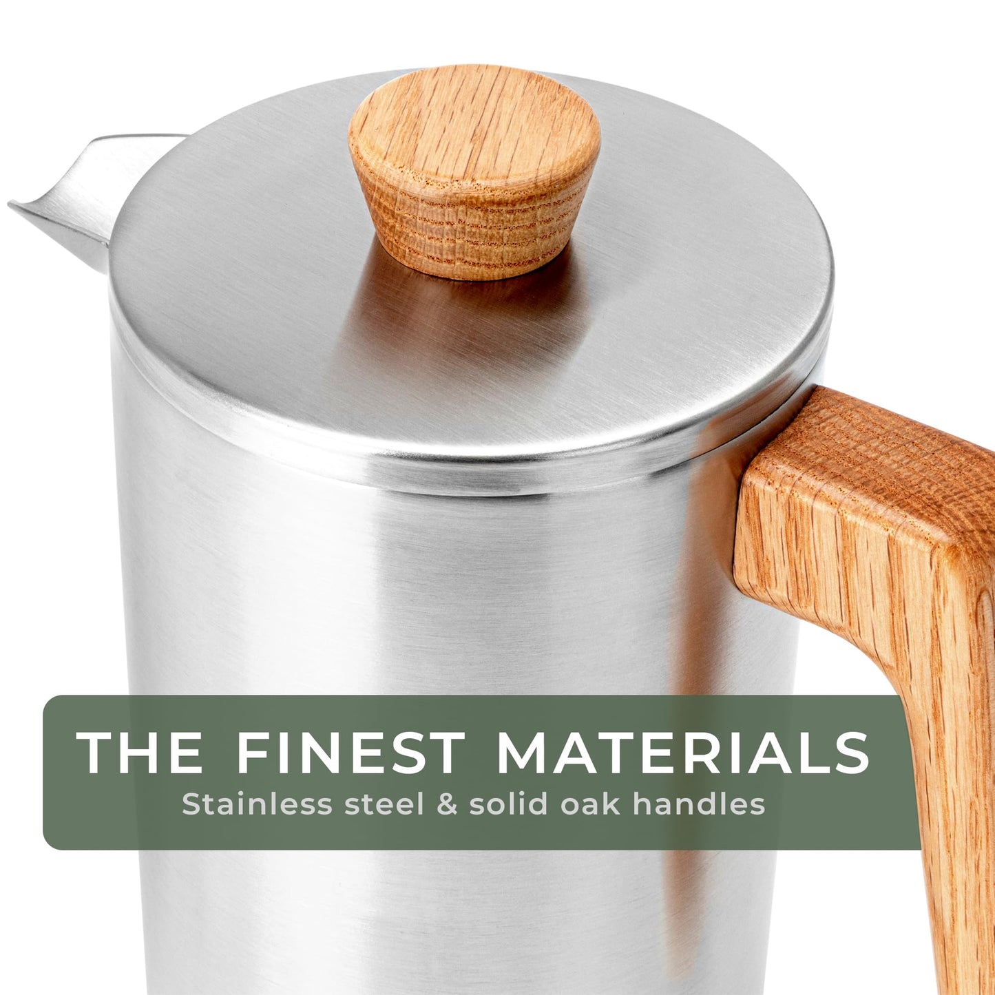 WALDWERK French Press (34 oz) - Non-Toxic Stainless Steel Double Wall French Press Coffee Maker - Plastic Free Coffee Press with Oak Wood Handle - No Plastic