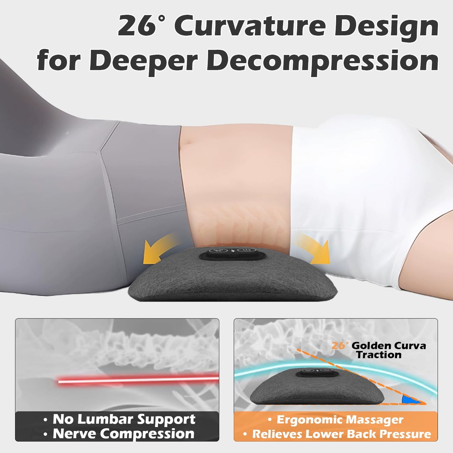 Lewuyoya Smooth Spine Triple Fusion Back Massager with Heat, Vibration and Traction for Sciatica Pain Relief, 3-in-1 Electric Lumbar Support Pillow Device for Lower Back Pain in Bed, Chair, Couch